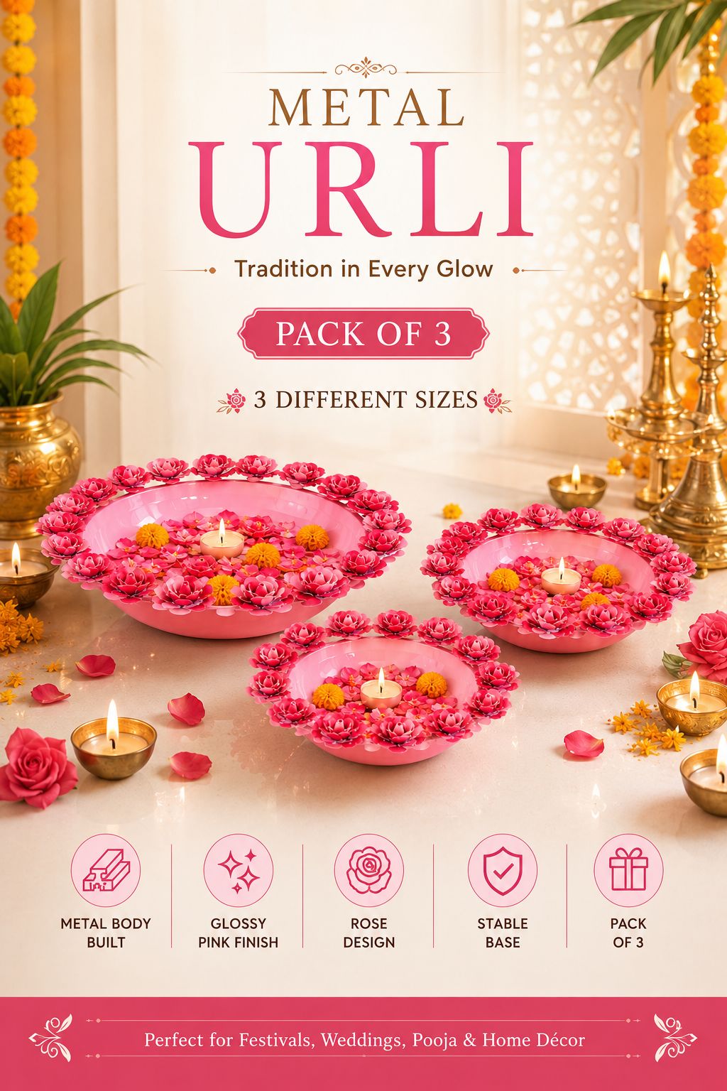 Decorative Metal Urli Bowl Set with Rose Border | Floating Flower & Candle Urli for Home & Festival Decor (Set of 3, Pink)
