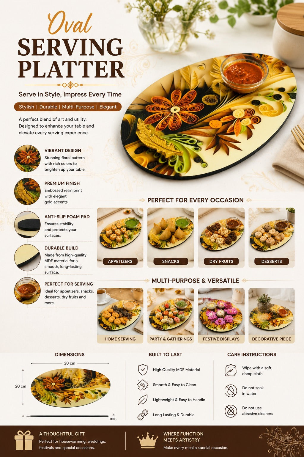 Premium MDF Snack Serving Platter with 2 Glass Dip Bowls | Decorative Serving Tray with Gold Feather Handles | Multipurpose Food Serving Board for Samosa, Momos, Fries, Nachos, Pizza & Snacks (Copy)