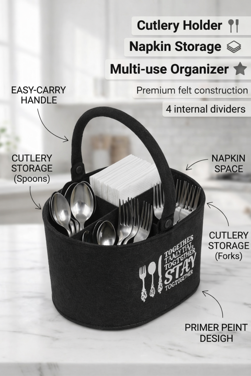 Premium Metal Cutlery Holder with Handle | 4 Compartment Utensil Caddy Basket Organizer | Portable Spoon, Fork, Knife & Napkin Stand for Kitchen, Dining Table & Home Storage