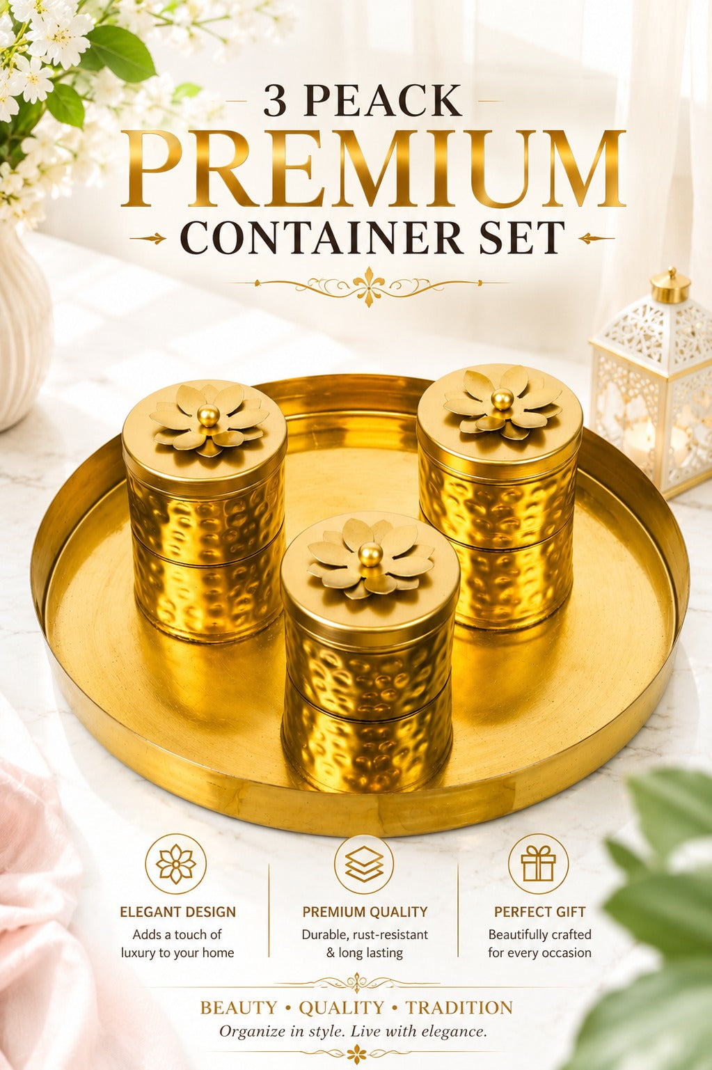 Premium 3 Piece Metal Storage Container Set with Round Serving Tray | Decorative Gold Canister Set for Dry Fruits, Snacks, Mukhwas & Kitchen Storage | Elegant Organizer for Home & Gifting