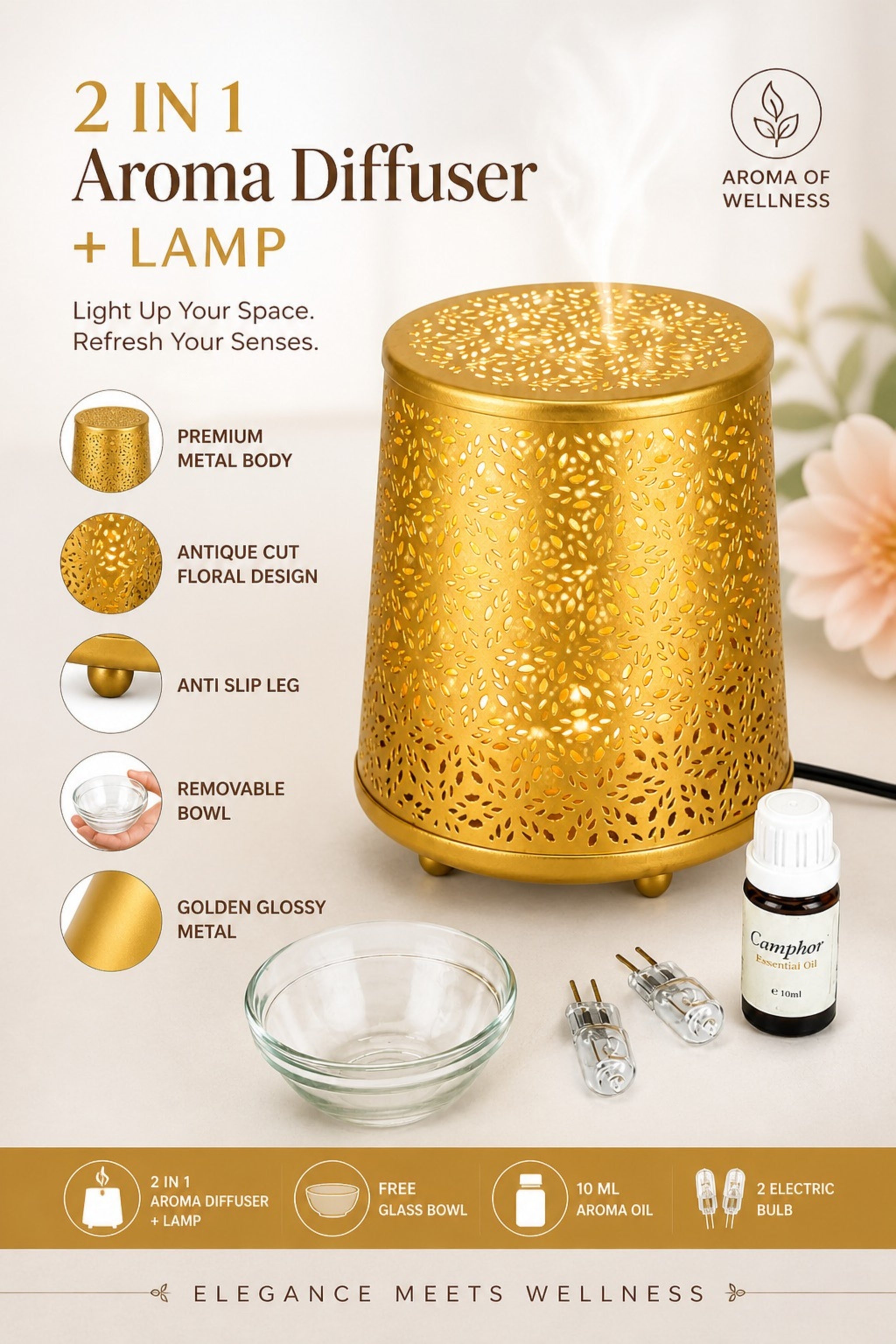 Metal Electric Aroma Diffuser Burner | Moroccan Cutwork Bulb Heat Oil Warmer Lamp | Fragrance Diffuser for Home, Office, Spa & Meditation | Free 10 ml Aroma Oil Included