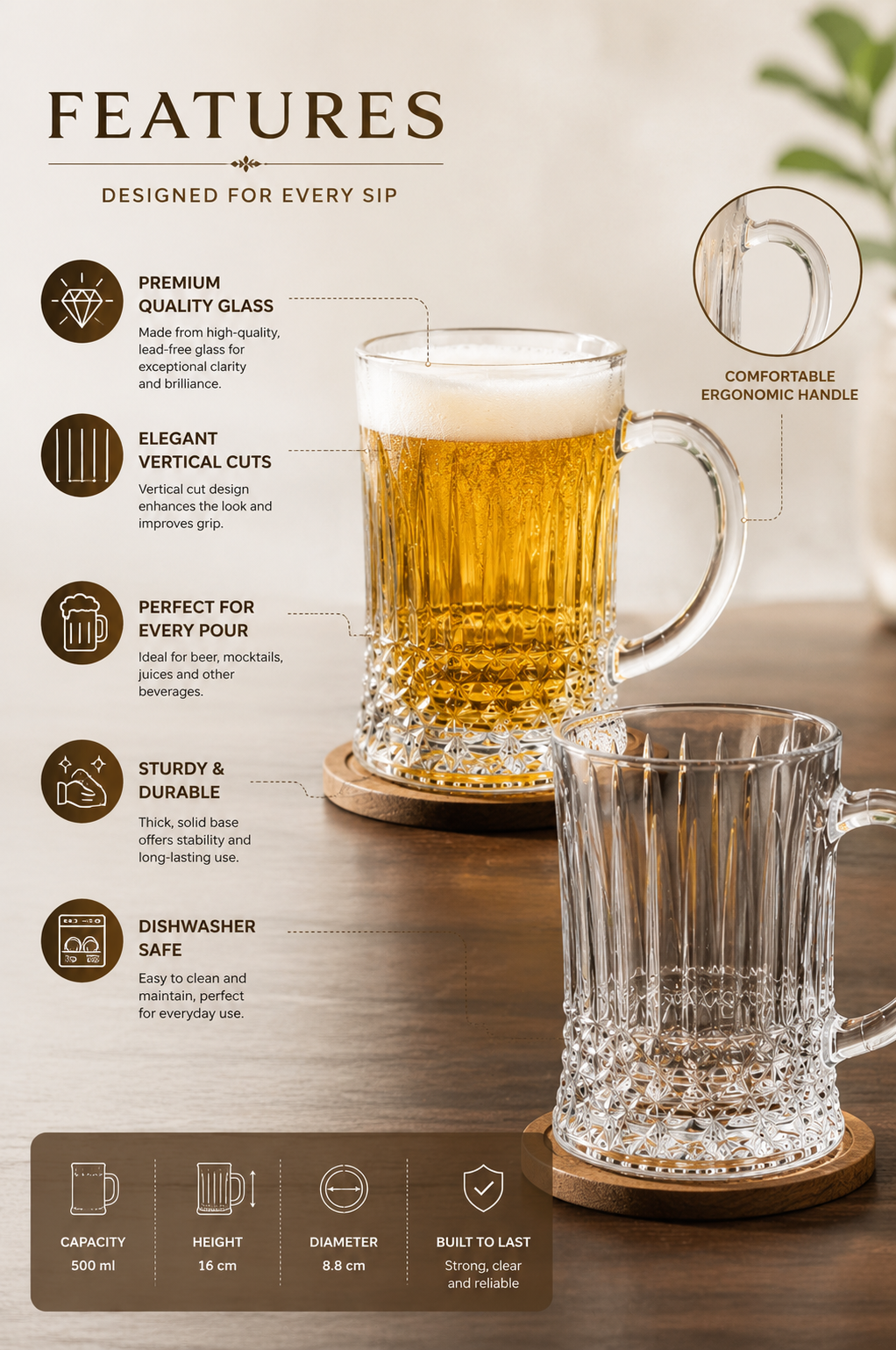 Premium Glass Beer Mug 600 ML With Handle | Heavy Thick Beer Stein For Beer Coffee Juice Water | Classic Bar Mug For Home Pub & Gifting