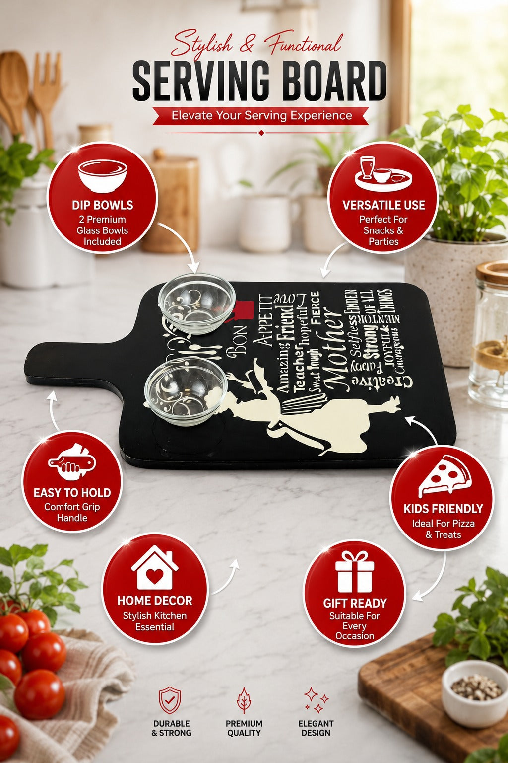 Premium MDF Serving Platter with Handle | Wooden Snack & Pizza Serving Board | Serving Tray with 2 Glass Dip Bowls | Cheese, Burger, Fries & Appetizer Platter | 44 x 25 cm