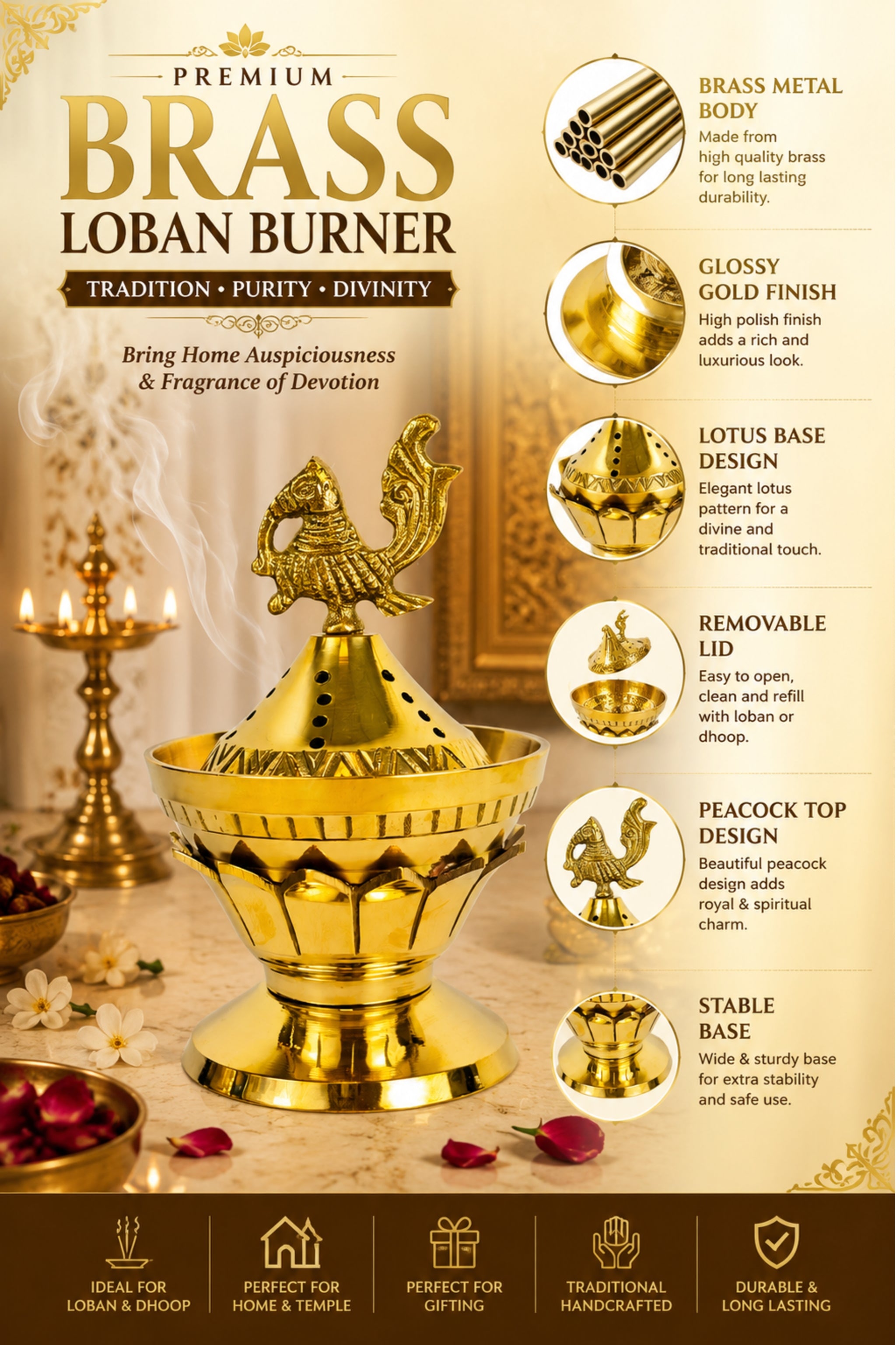 Brass Loban Incense Burner | Peacock Design Dhoop Dani Dhuni Sambrani Bakhoor Burner | Decorative Incense Holder for Home & Temple