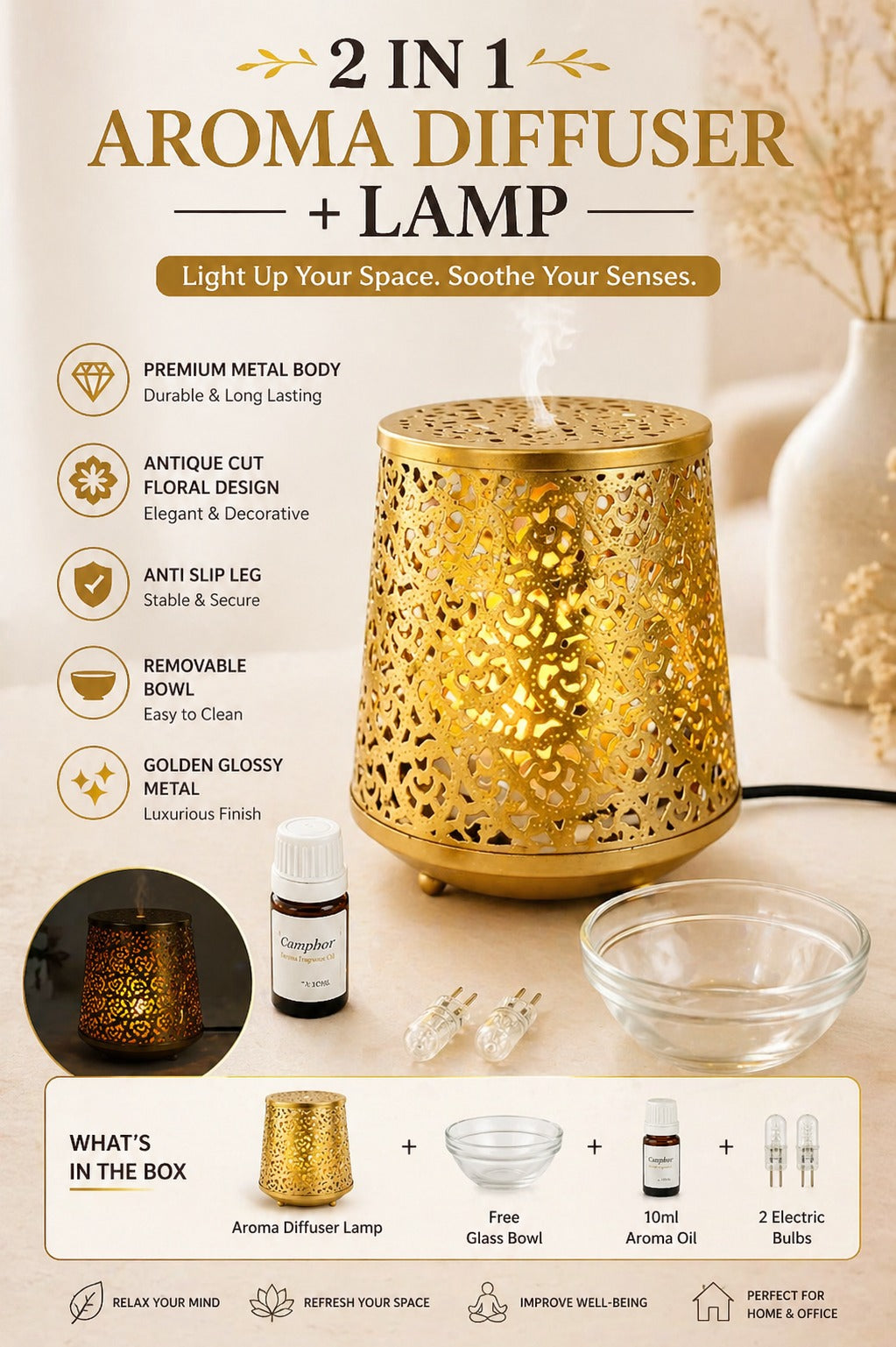 Gold Heart Cutwork Electric Aroma Diffuser Lamp With Dome Design | Essential Oil Burner For Home, Bedroom & Living Room | Includes Free Glass Bowl, 10ml Aroma Oil & 2 Electric Bulbs