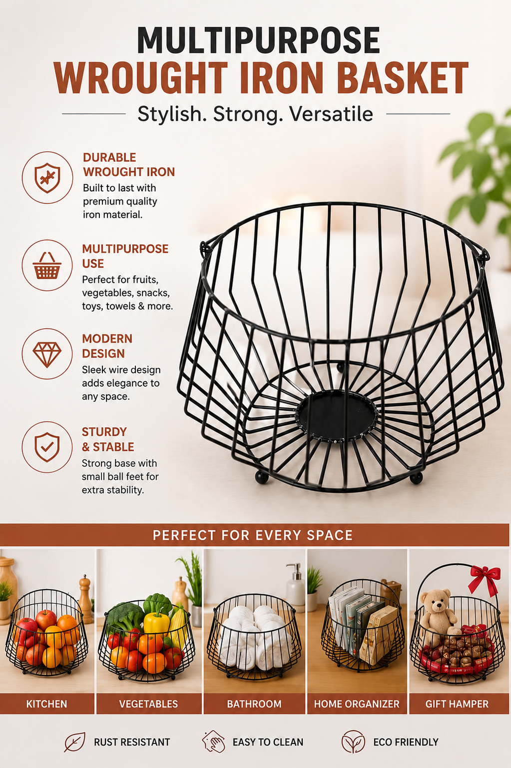 Modern Metal Fruit Basket with Handle | Round Wire Storage Basket | Kitchen & Dining Table Organizer