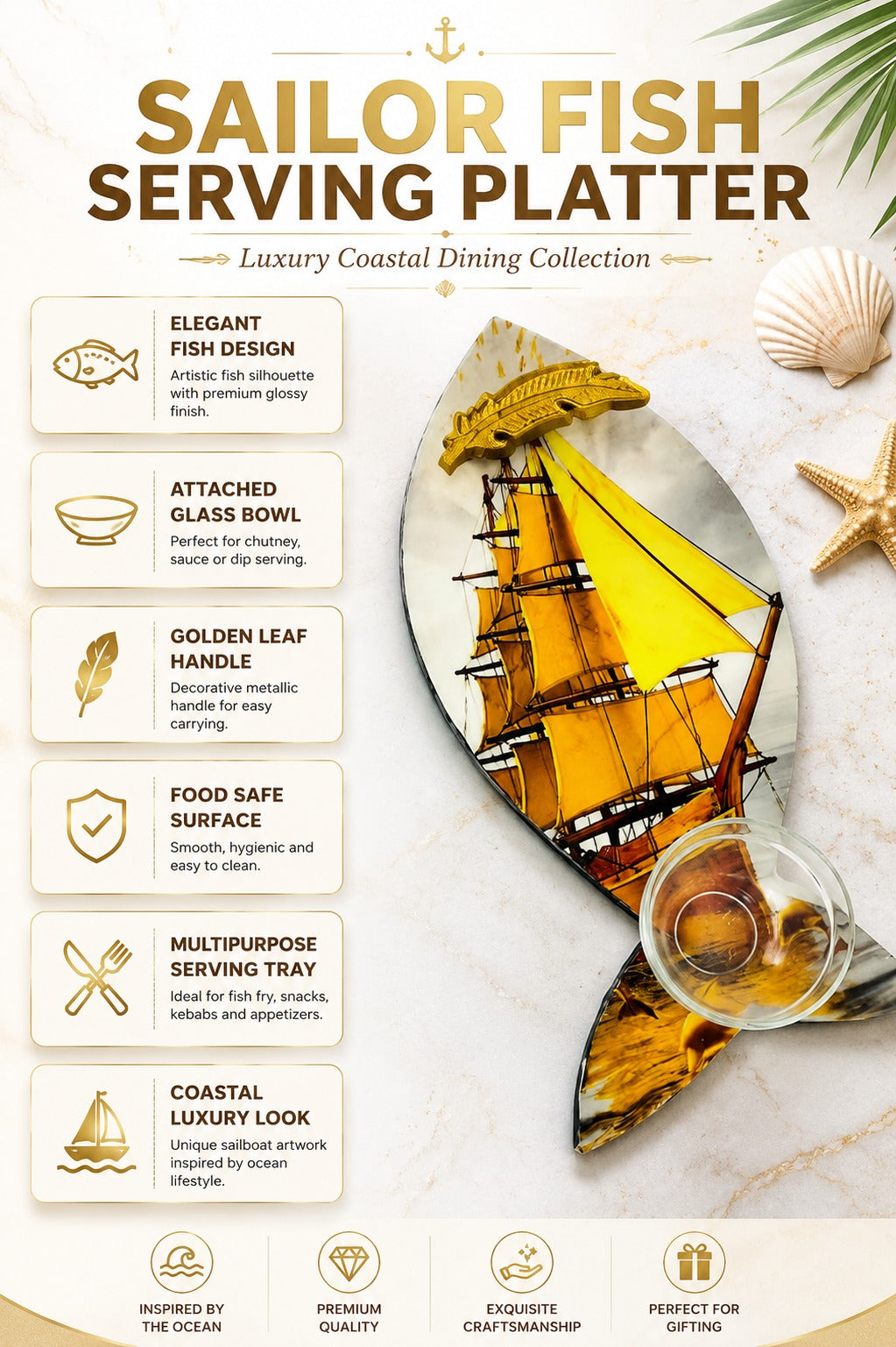 Premium Fish Shape MDF Serving Platter with Glass Dip Bowl & Gold Leaf Handle | Decorative Multipurpose Snack Serving Tray | Designer Fish Serving Board for Appetizers, Seafood & Gifting