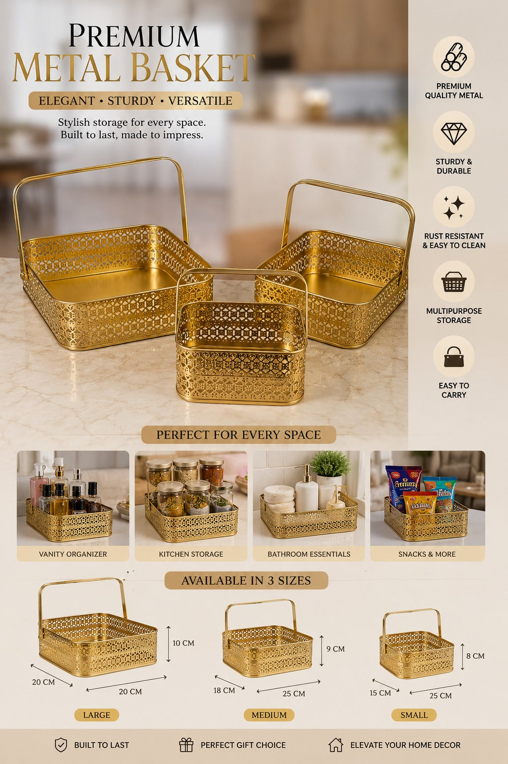 Premium Golden Metal Basket Set of 3 with Handle | Large, Medium & Small Multipurpose Storage Baskets | Gift Hamper, Fruit Basket, Kitchen Organizer, Vanity & Home Decor | Gold Finish