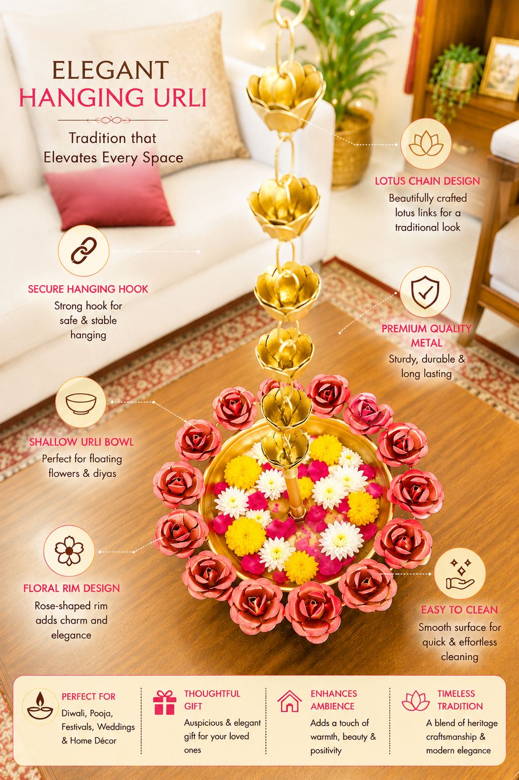 Premium Hanging Lotus Urli Bowl with Rose Rim Design | Decorative Metal Floating Flower Bowl with Lotus Chain | Hanging Urli for Water, Candles, Tea Lights, Diwali, Pooja, Wedding & Home Décor