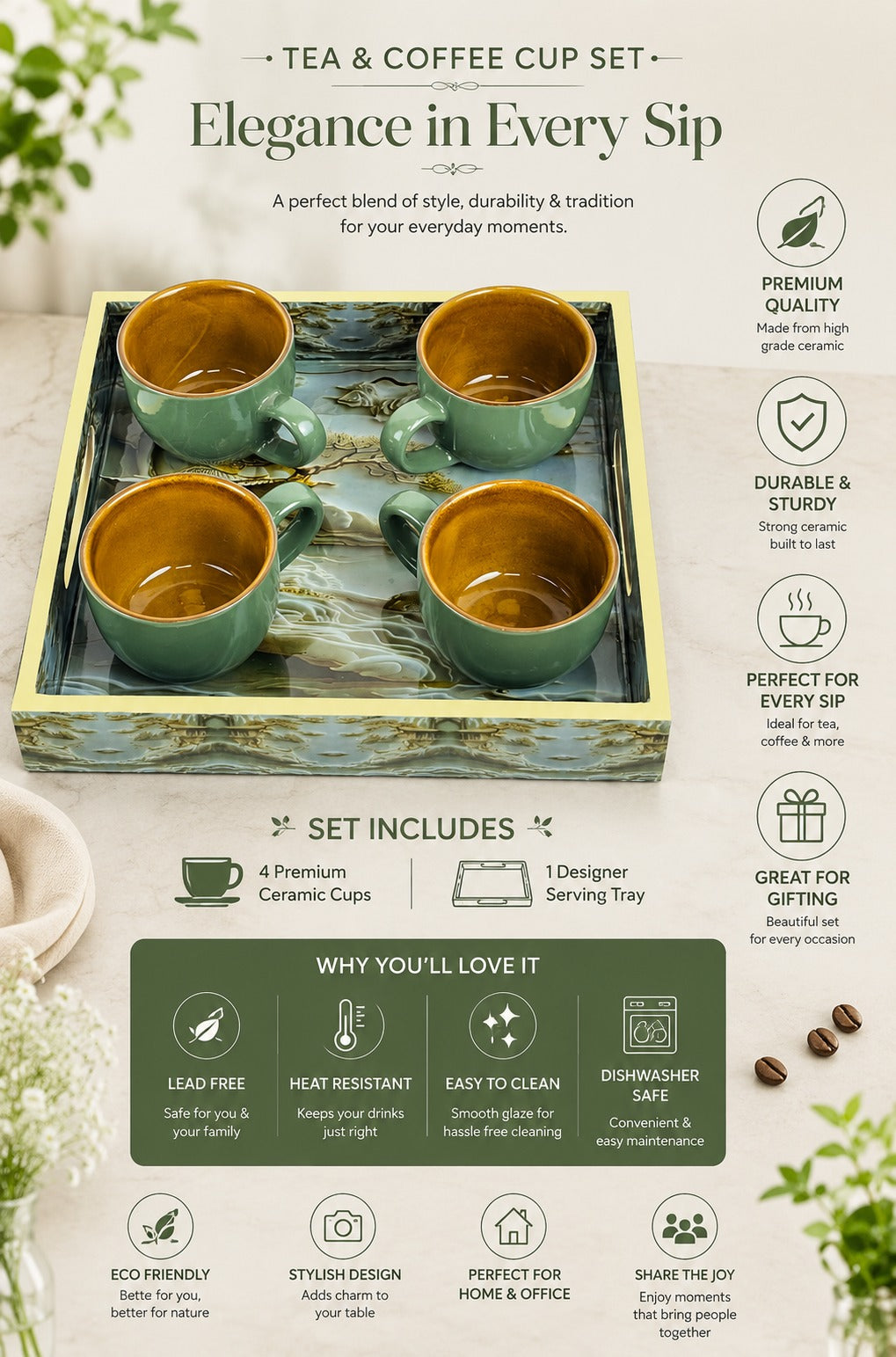 Set of 4 Ceramic Tea & Coffee Cups with Designer Serving Tray | Sage Green Coffee Mug Set | Premium Ceramic Cups for Home Kitchen & Gifting