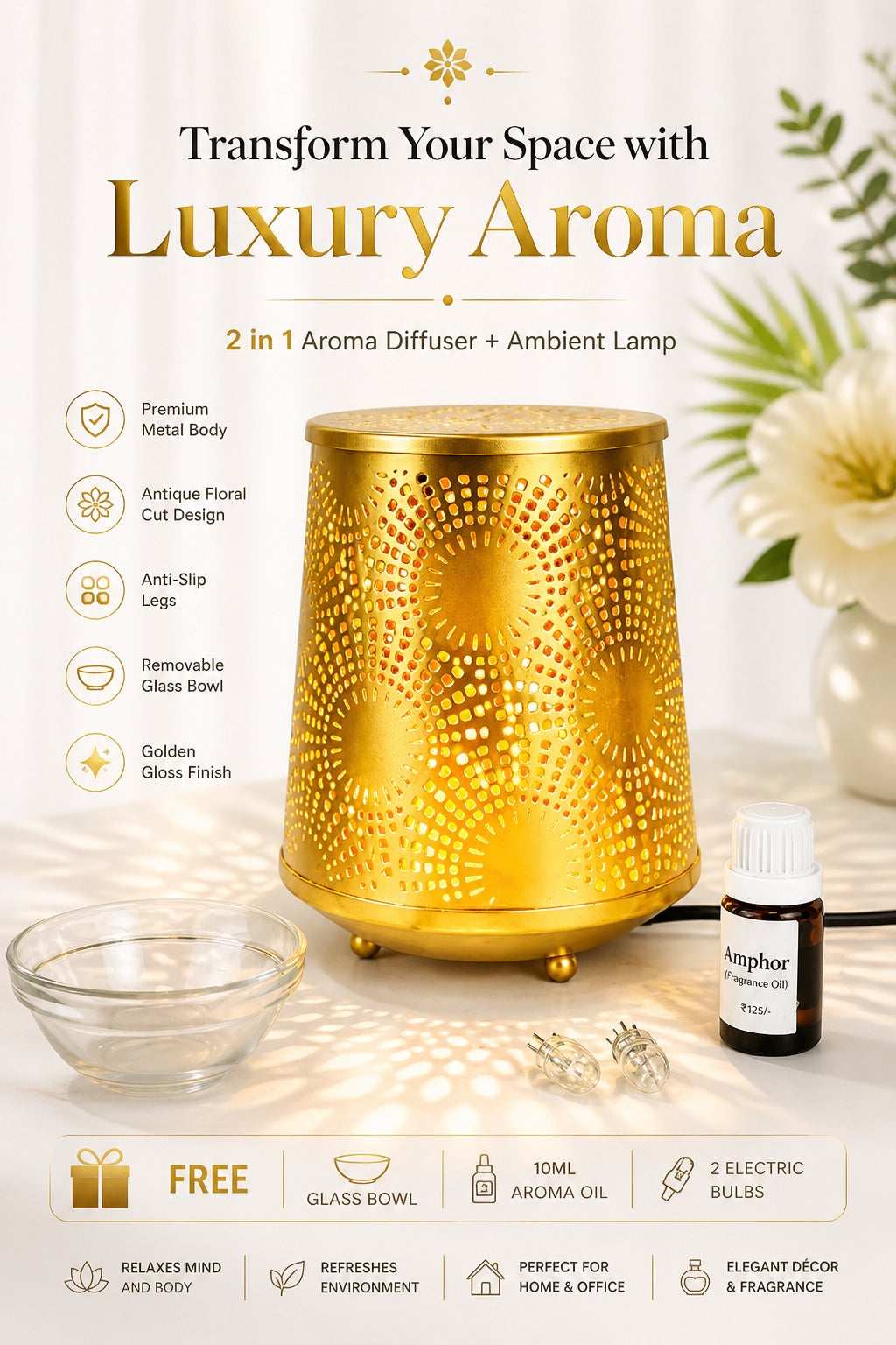 Metal Electric Aroma Diffuser Burner | Circular Cutwork Bulb Heat Oil Warmer Lamp | Fragrance Diffuser for Home, Office, Spa & Meditation | Free 10 ml Aroma Oil Included
