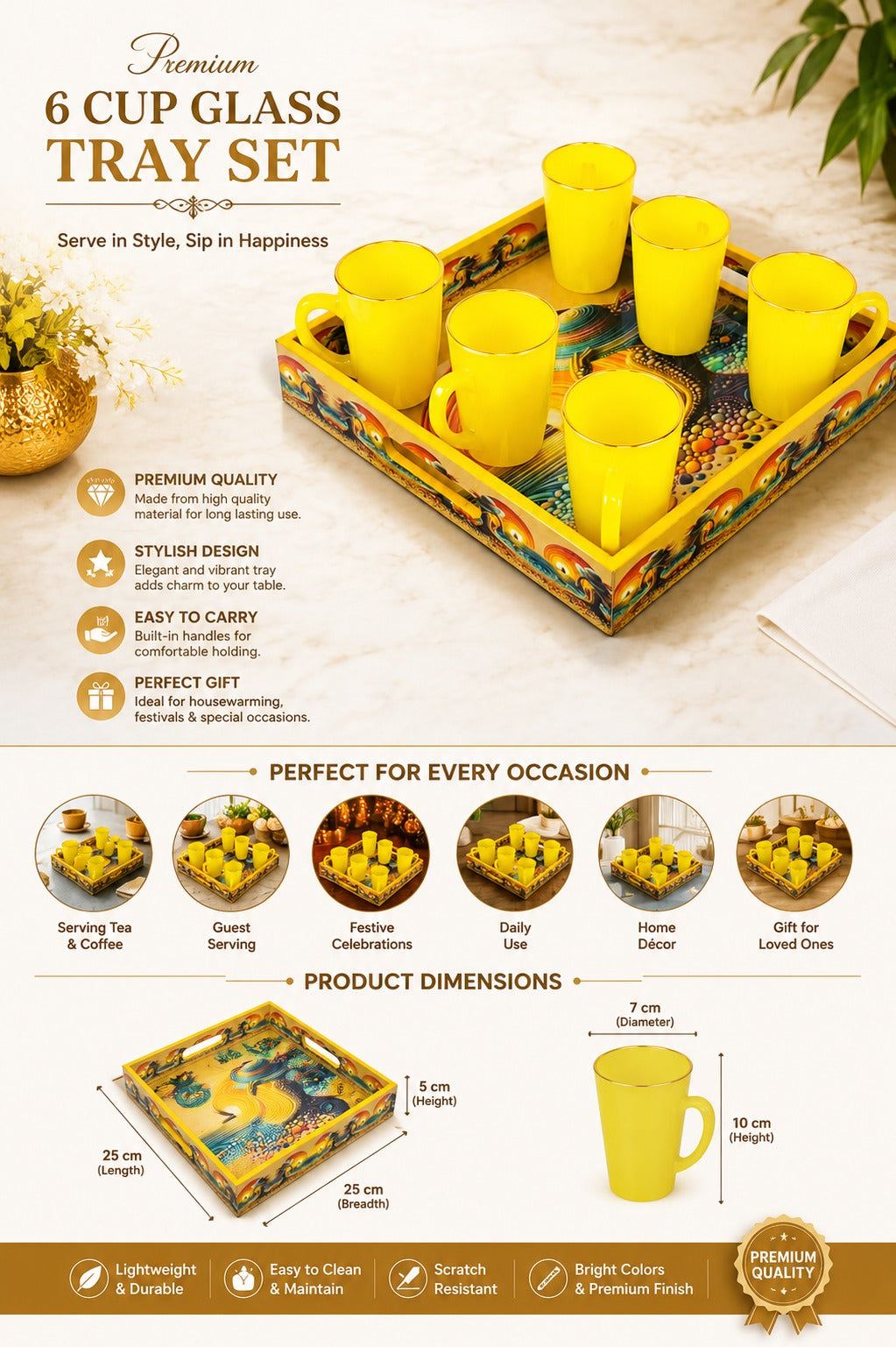 Premium 6 Yellow Glass Mug Set with Designer Serving Tray | Tea & Coffee Mug Set | Decorative Drinkware Set for Home, Office & Gifting