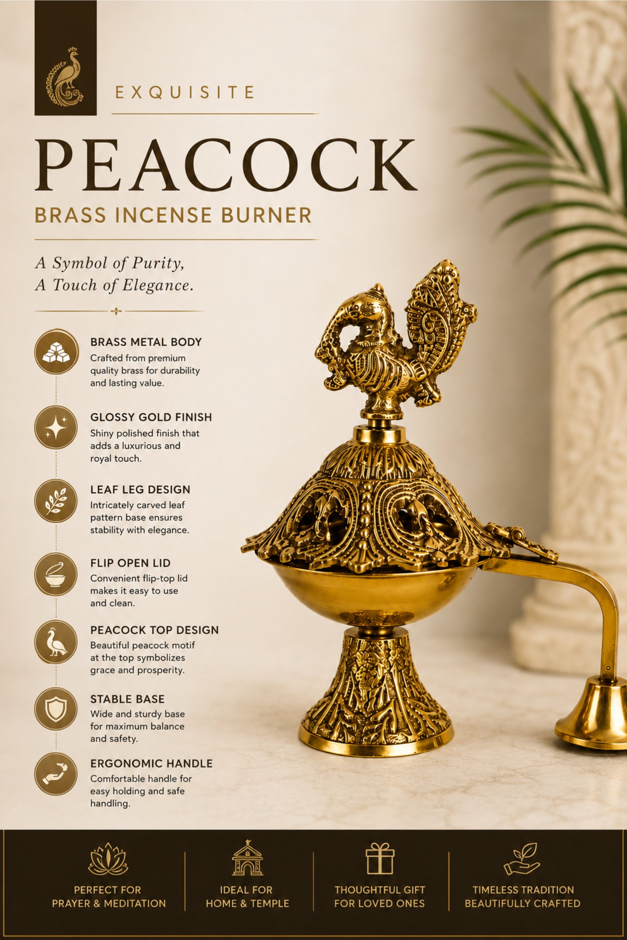 Premium Peacock Brass Incense Burner with Handle | Handcrafted Brass Dhoop Dani for Sambrani, Loban, Dhoop Cups & Resin Incense | Decorative Pooja Dhuni Burner for Home & Temple