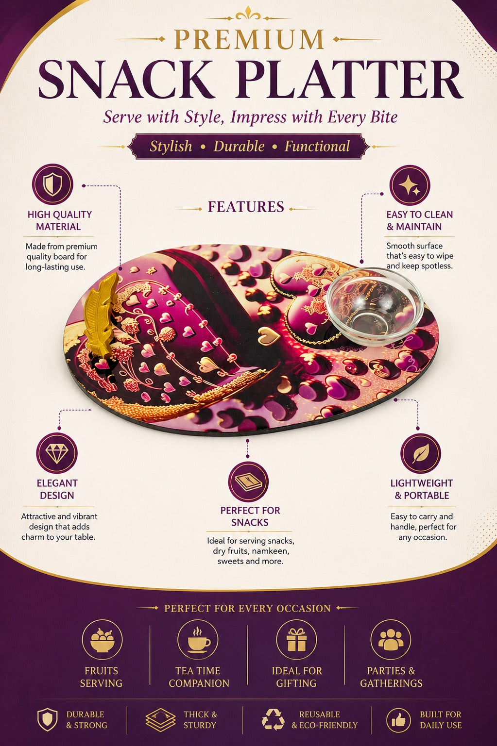 Premium Oval MDF Snack Serving Platter with Glass Dip Bowl & Gold Feather Handle | Decorative Multipurpose Serving Tray for Snacks, Dry Fruits, Desserts & Tea Time