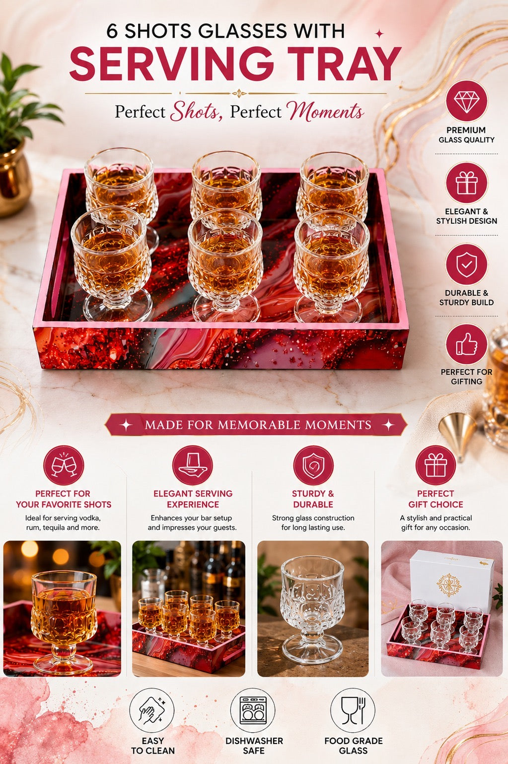 Premium Designer Shot Glass Set with Resin Serving Tray | 6 Crystal Clear Heavy Base Shot Glasses for Whiskey, Vodka, Tequila, Rum, Liqueur & Espresso Shots | Elegant Barware Gift Set for Home Bar