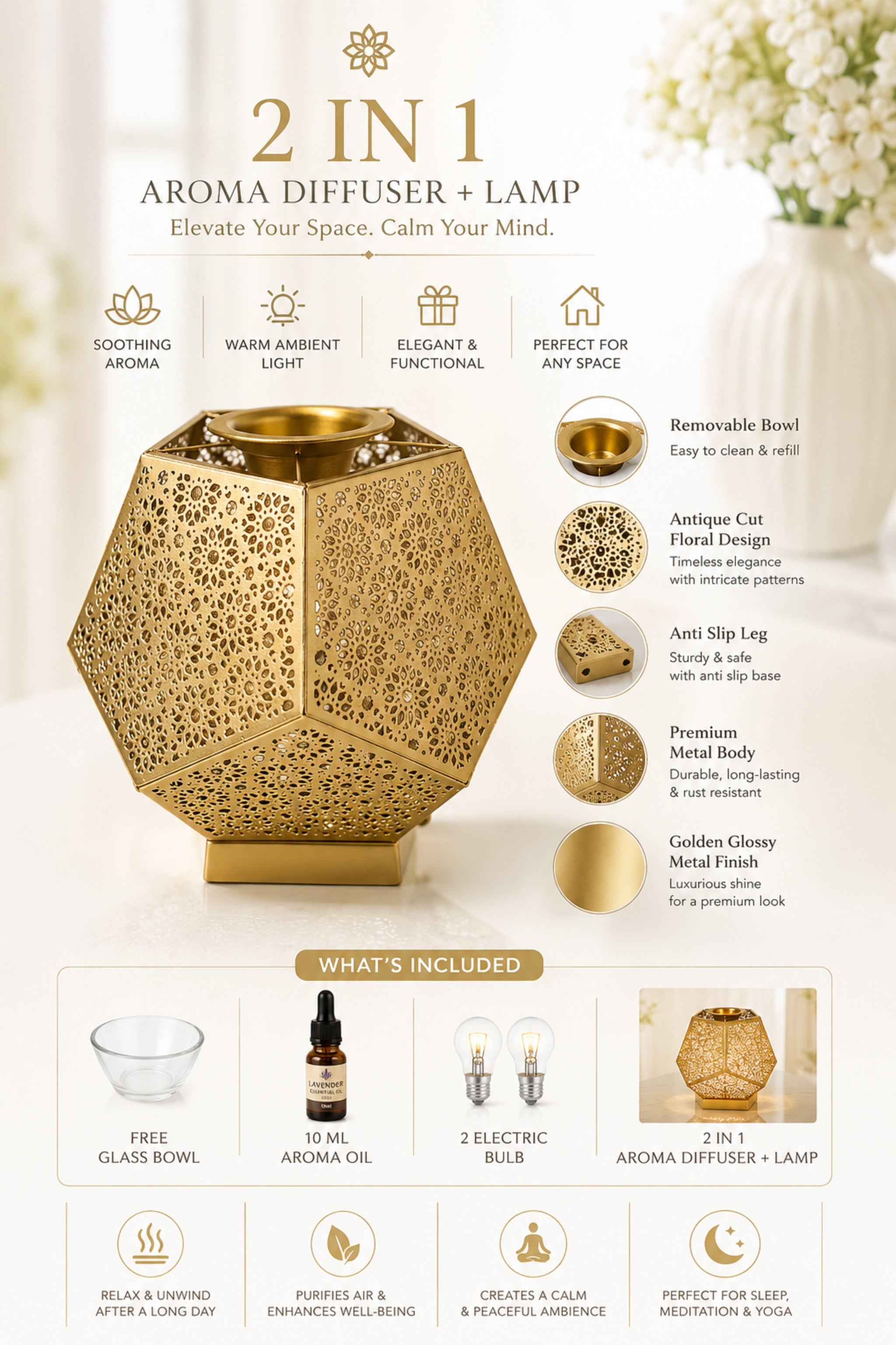 Golden Metal Electric Aroma Diffuser Lamp with Laser Cut Shadow Design | Essential Oil Burner with Warm Light for Home Décor, Bedroom, Spa, Diwali Gifting & Relaxation