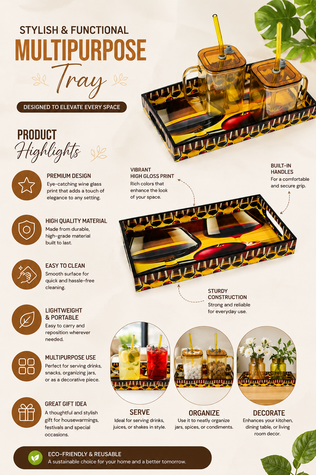 Premium Multipurpose Resin Serving Tray | Decorative Rectangular Vanity Tray with Built-in Handles | Luxury Organizer for Drinks, Coffee, Snacks, Perfume, Bathroom, Kitchen & Home Décor