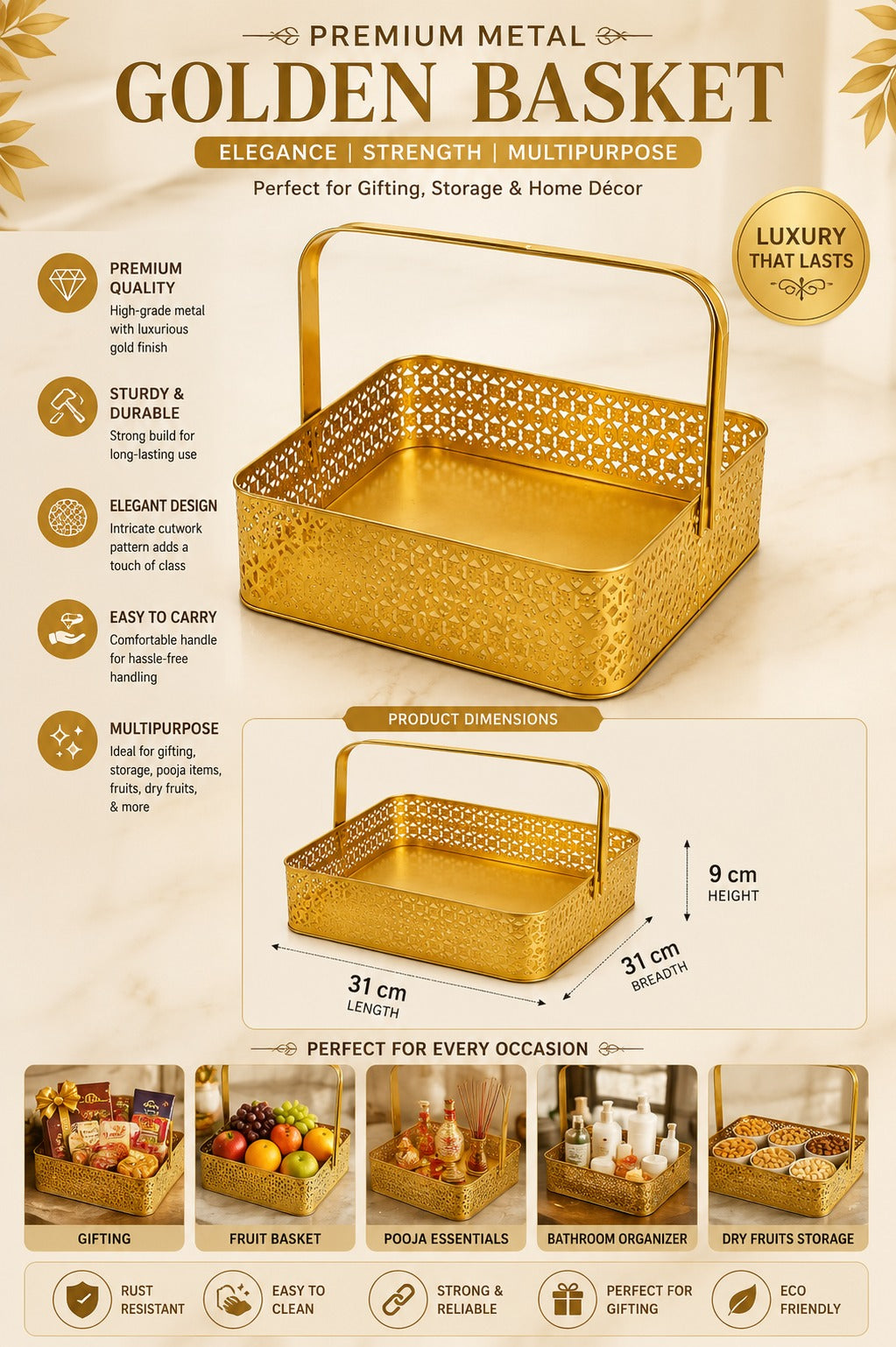 Premium Golden Metal Gift Basket with Handle | Large Decorative Storage Basket | Multipurpose Fruit Basket, Dry Fruit Hamper, Pooja Basket & Home Organizer