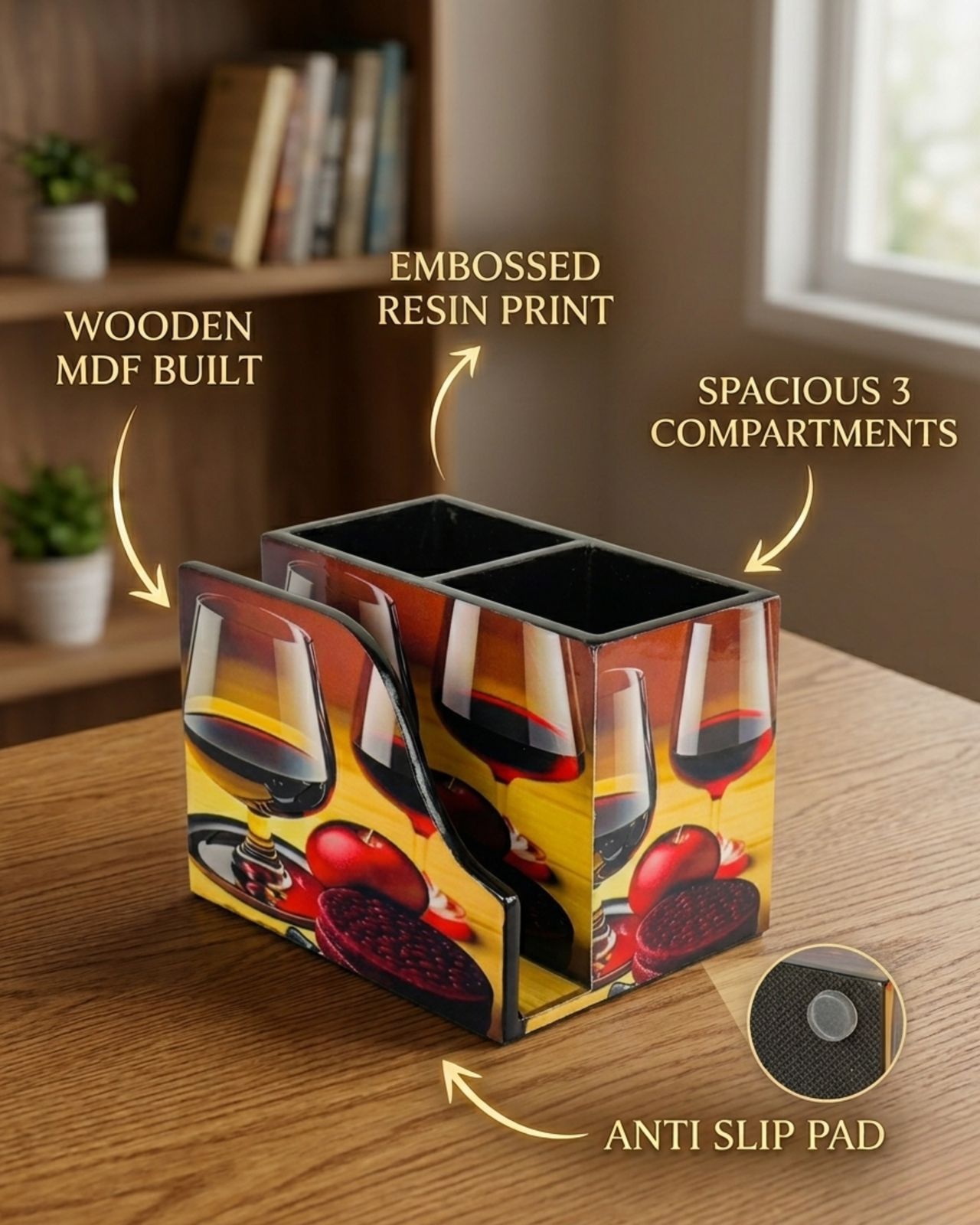 Premium MDF Cutlery & Napkin Holder | Designer Wine Printed Wooden Organizer with Dual Compartments | Spoon, Fork, Knife & Tissue Stand for Dining Table, Kitchen & Home Décor
