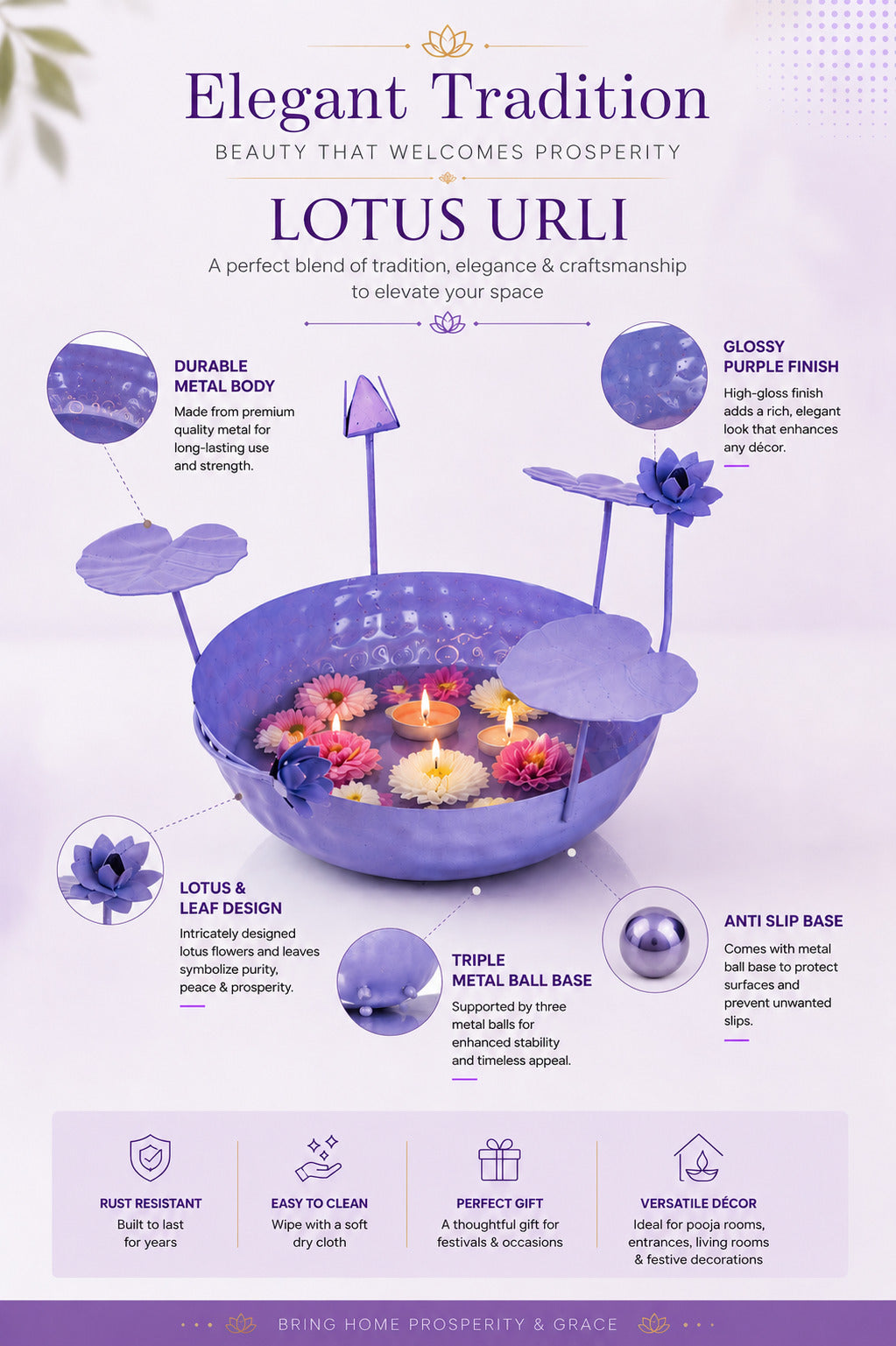 Galvanized Metal Urli Bowl for Floating Flowers & Candles | Decorative Urli with Lotus Stems for Home & Festival Decor (Lavender)