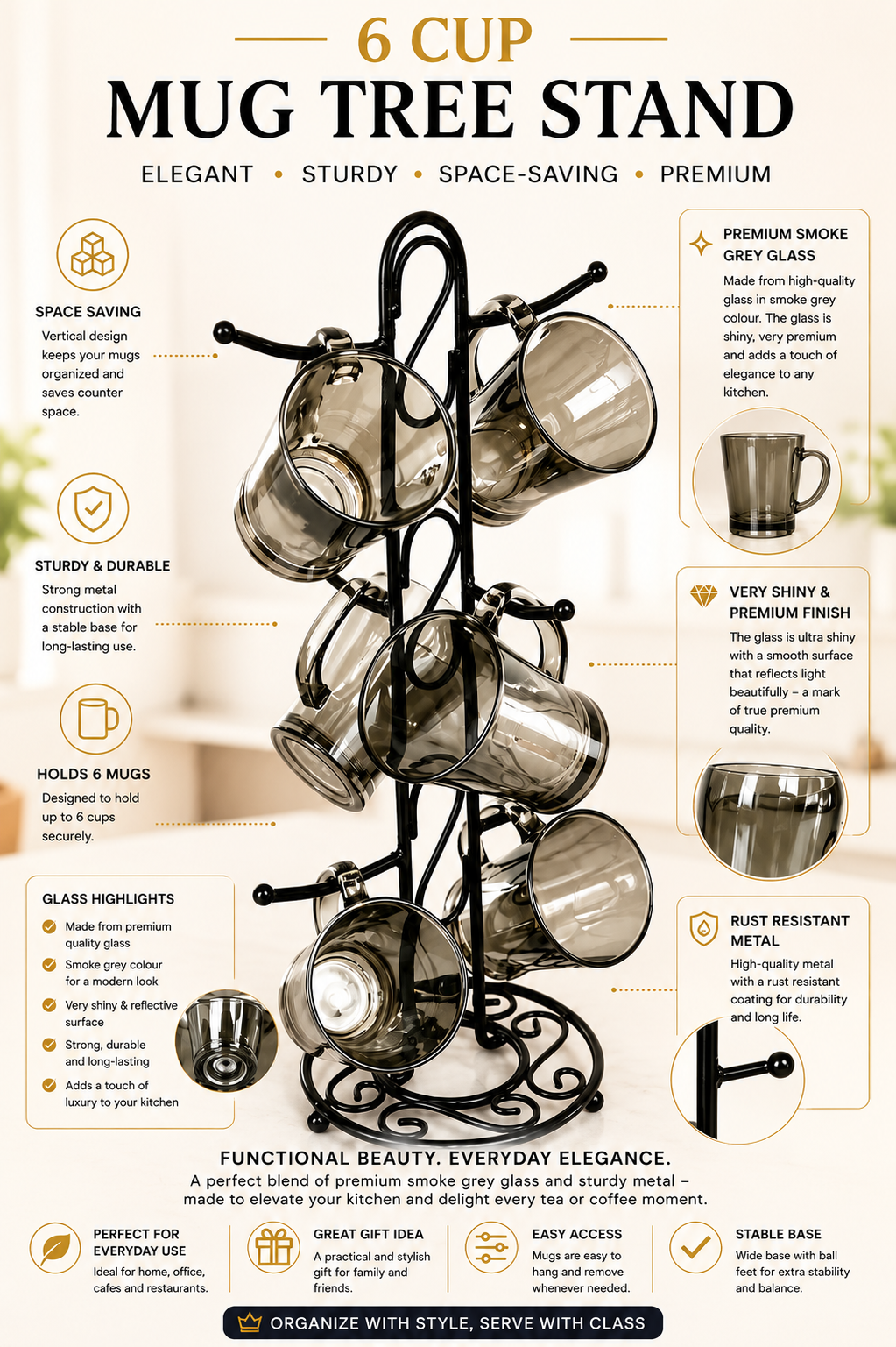 Premium Smokey Glass Mug Set Of 6 With Metal Stand | Transparent Borosilicate Coffee & Tea Cups With Holder | Space Saving Mug Stand For Kitchen & Home