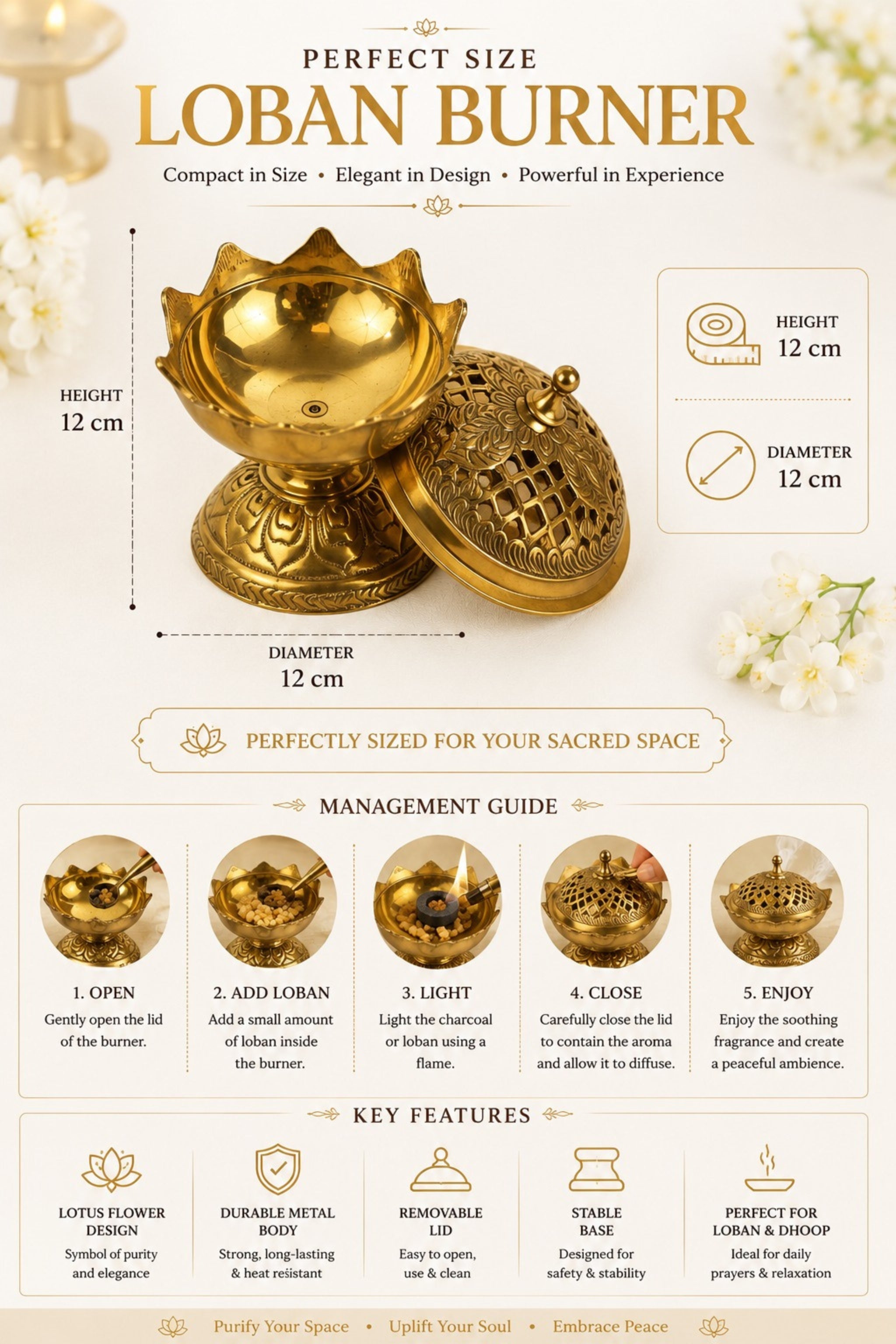 Premium Brass Lotus Loban Burner with Removable Lid | Handcrafted Brass Dhoop Dani for Loban, Sambrani Cups, Bakhoor, Resin Incense & Dhoop | Decorative Incense Burner for Home Temple, Meditation & Gifting