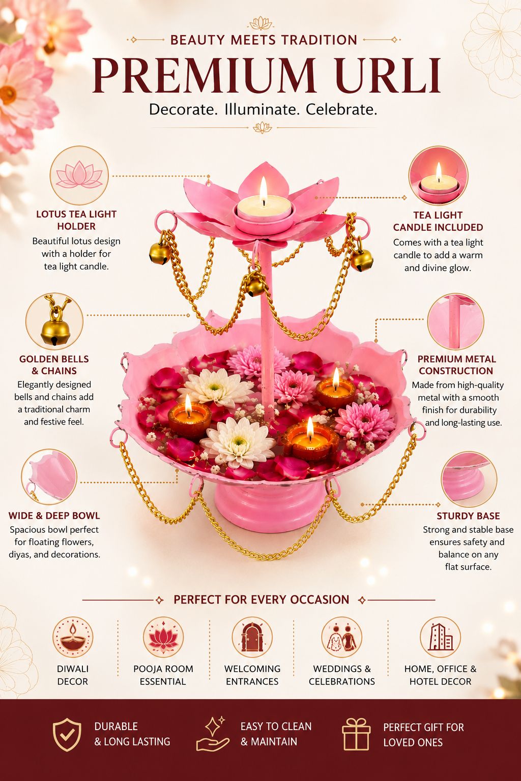 Pink Metal Urli Bowl with Diya Stand & Hanging Chain Design for Floating Flowers & Candles | Decorative Centerpiece for Diwali, Wedding, Home Décor & Festive Gifting