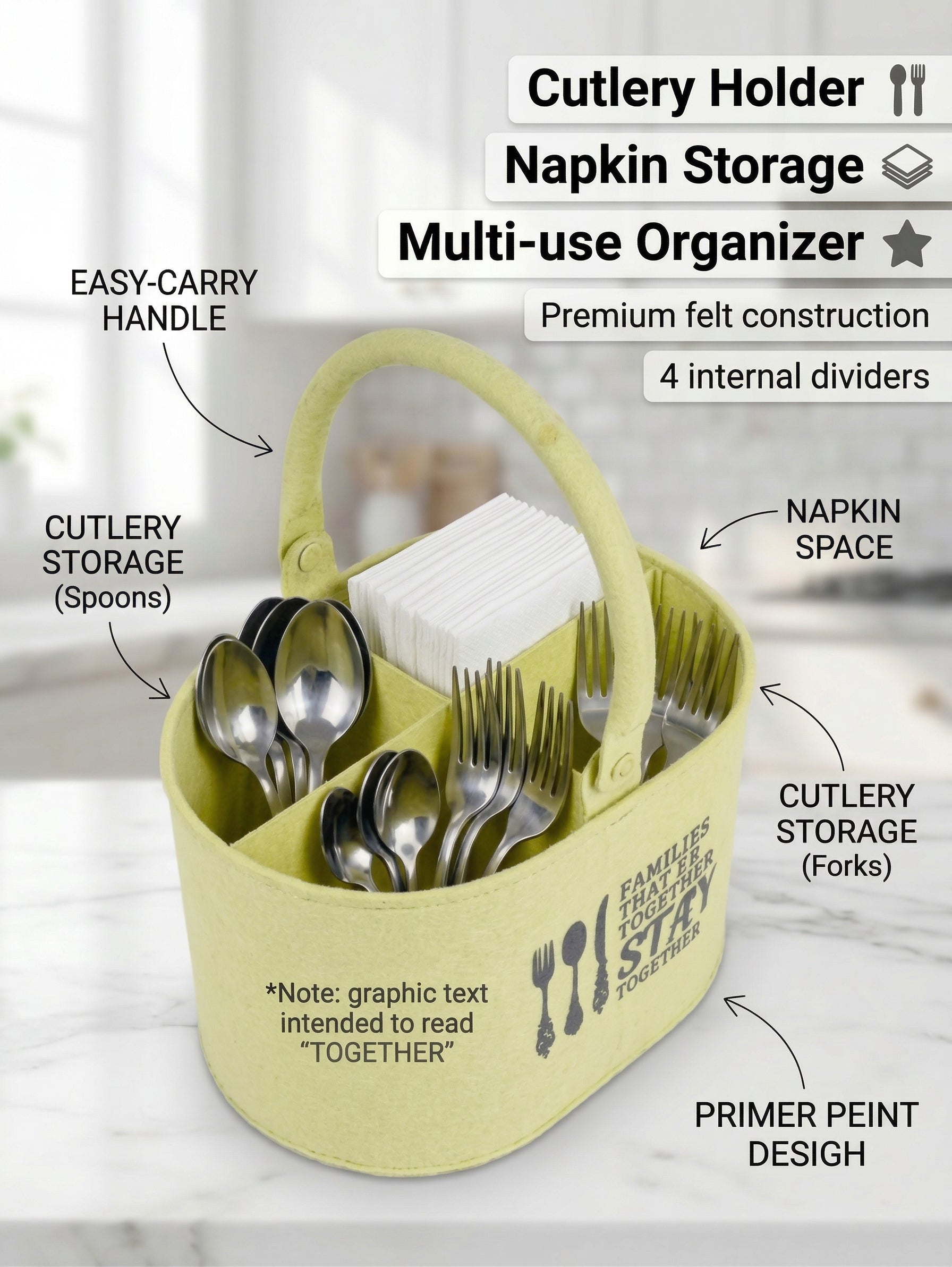 Premium Metal Cutlery Holder with Handle | 4 Compartment Utensil Caddy Basket Organizer | Portable Spoon, Fork, Knife & Napkin Stand for Kitchen, Dining Table & Home Storage