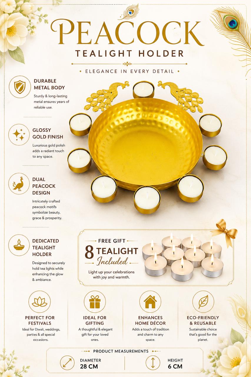 Premium Peacock Urli Bowl with 8 Tealight Holders | Decorative Metal Floating Flower Urli for Water, Candles & Tea Lights | Traditional Pooja Bowl for Diwali, Wedding, Home & Festive Decoration