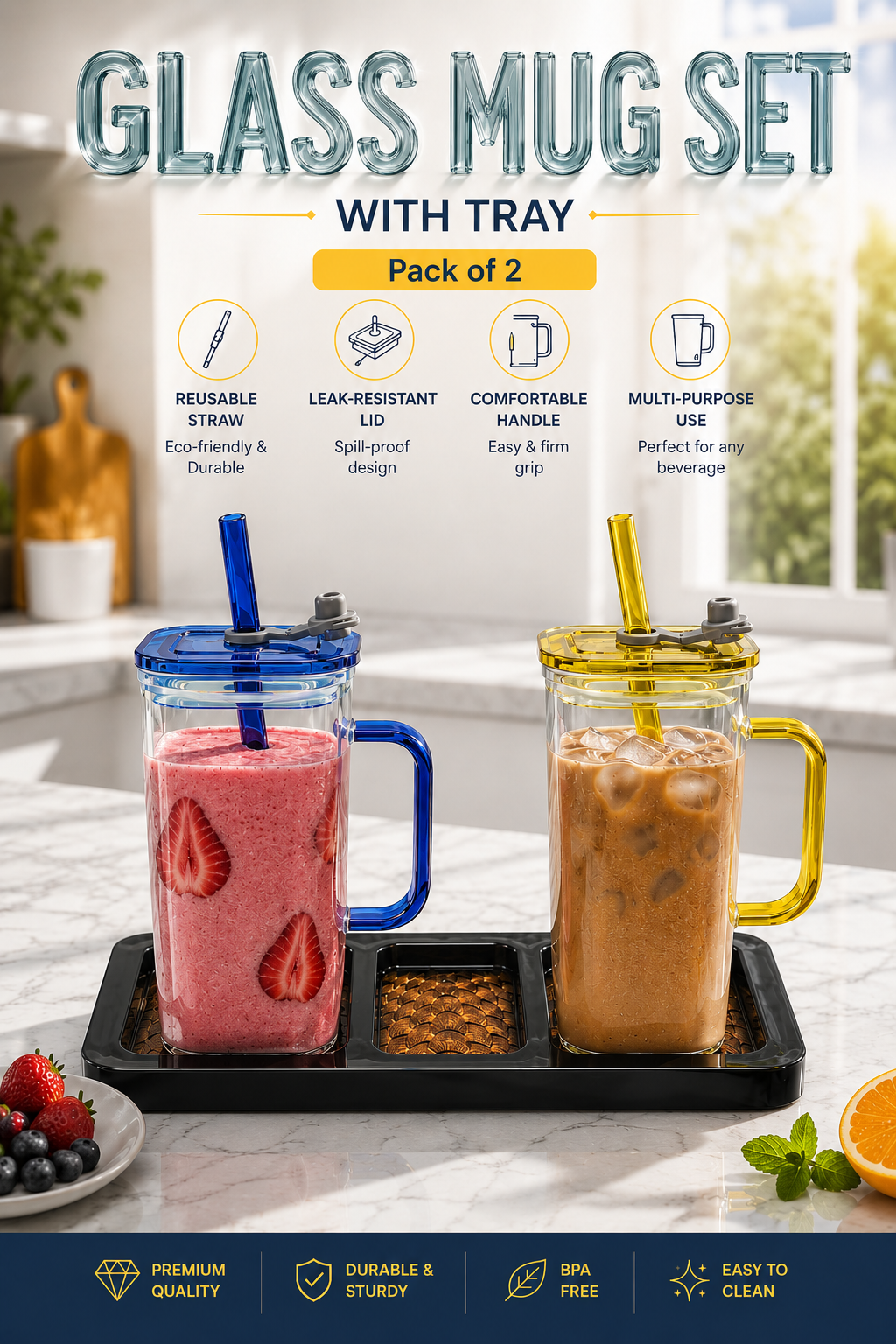 Double Wall Juice Glass Set Of 2 With Lid & Straw With MDF Serving Tray | Square Transparent Drink Glasses For Juice Water Cold Coffee Smoothies