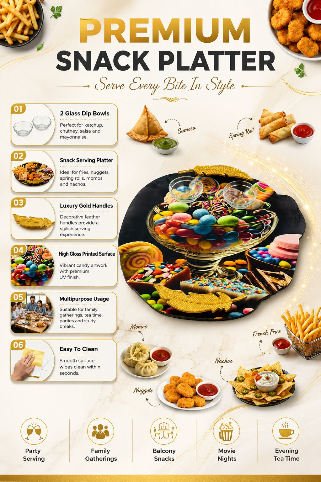 Premium MDF Snack Serving Platter with 2 Glass Dip Bowls | Decorative Serving Tray with Gold Feather Handles | Multipurpose Food Serving Board for Samosa, Momos, Fries, Nachos, Pizza & Snacks