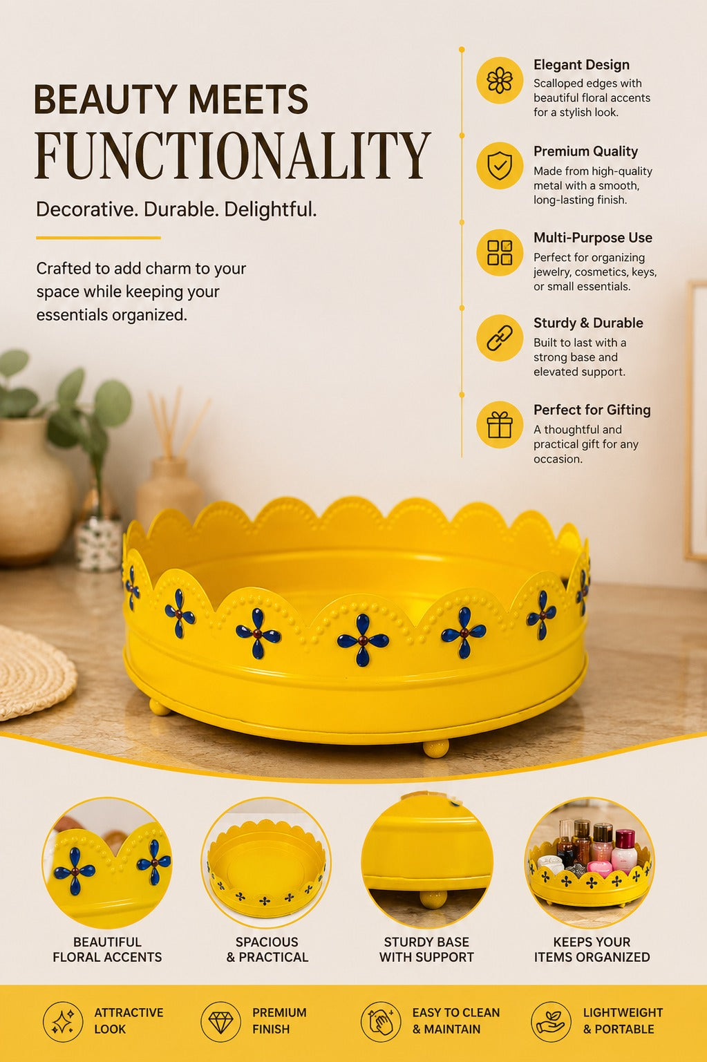 Premium Decorative Metal Round Tray (Yellow) | Yellow Multipurpose Gift Hamper Basket | Floral Serving Tray | Fruit, Cosmetics, Organizer & Home Decor Tray | 19 cm