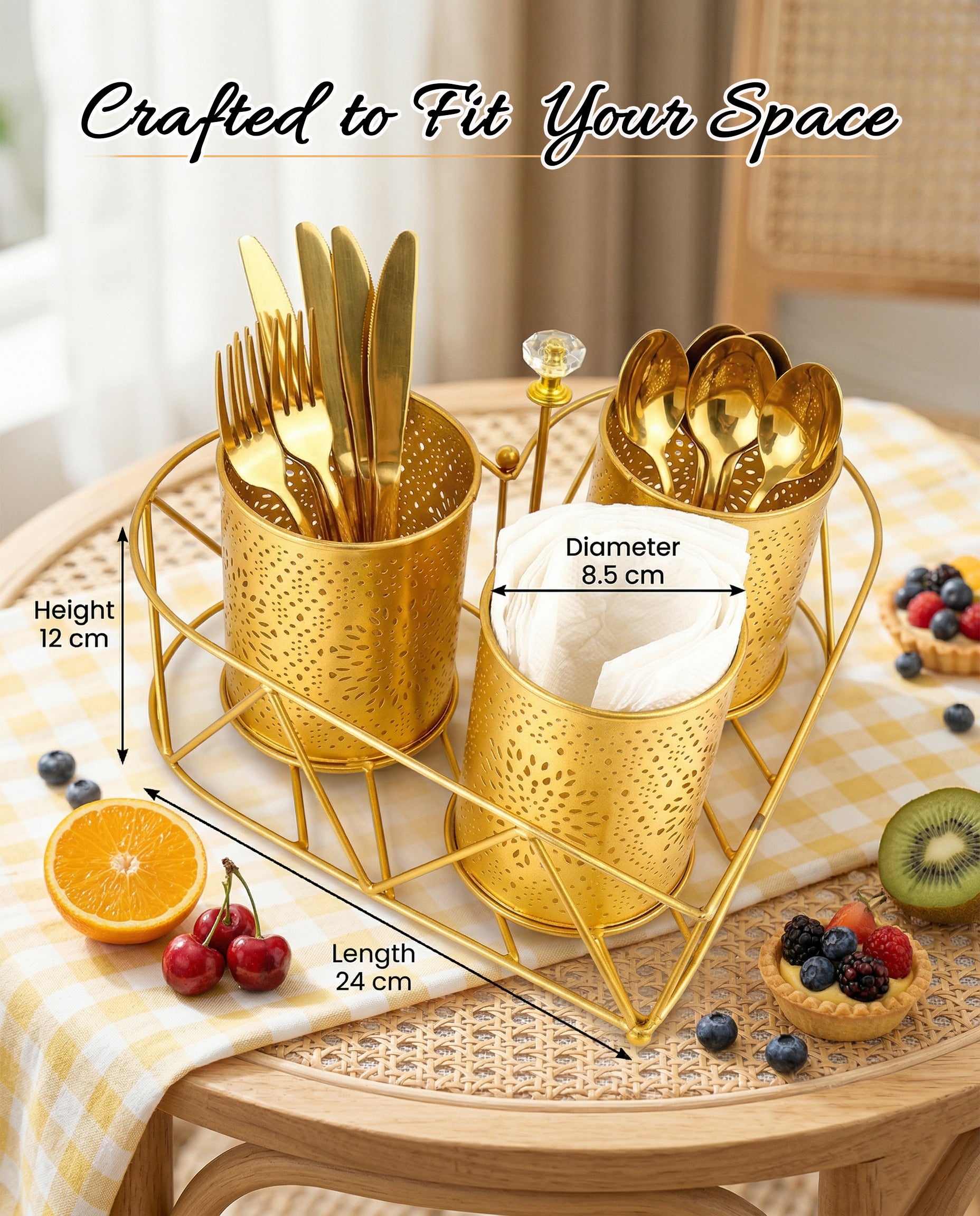 Premium 3-Compartment Metal Cutlery & Napkin Holder | Elegant Gold Finish Galvanized Organizer with Stand | Spoon, Fork, Knife & Tissue Storage for Dining Table & Kitchen Décor