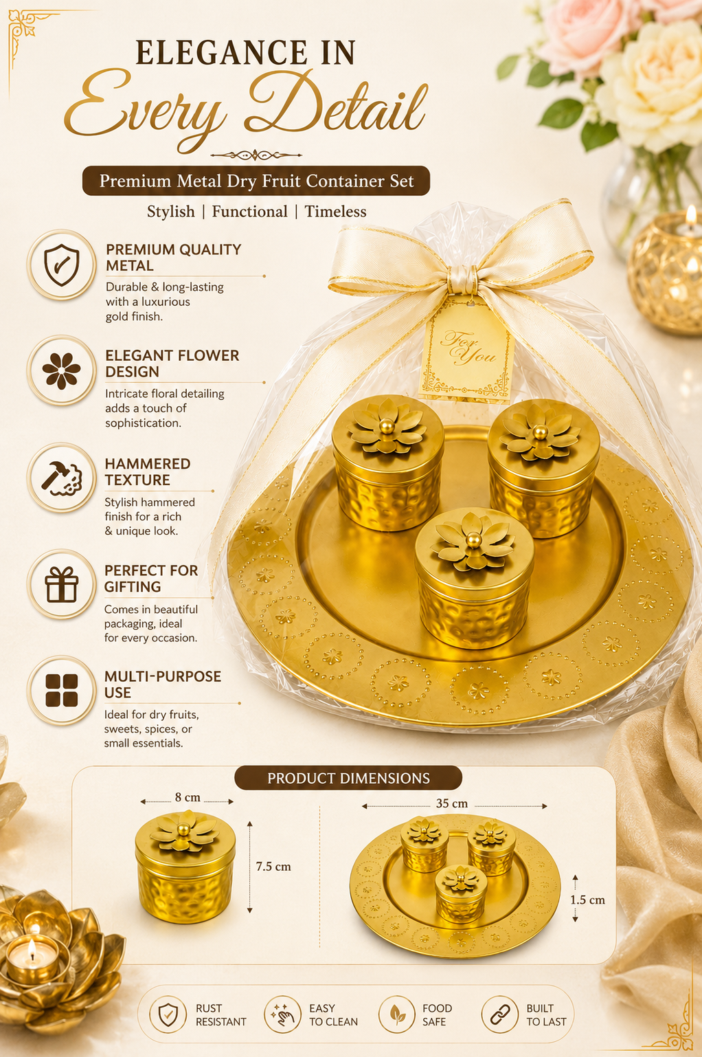 Premium Metal Dry Fruit Serving Tray Set with 3 Floral Containers | Decorative Round Platter for Dry Fruits, Sweets, Chocolates & Mukhwas | Luxury Festive Gift Hamper Tray for Diwali, Weddings & Home Décor