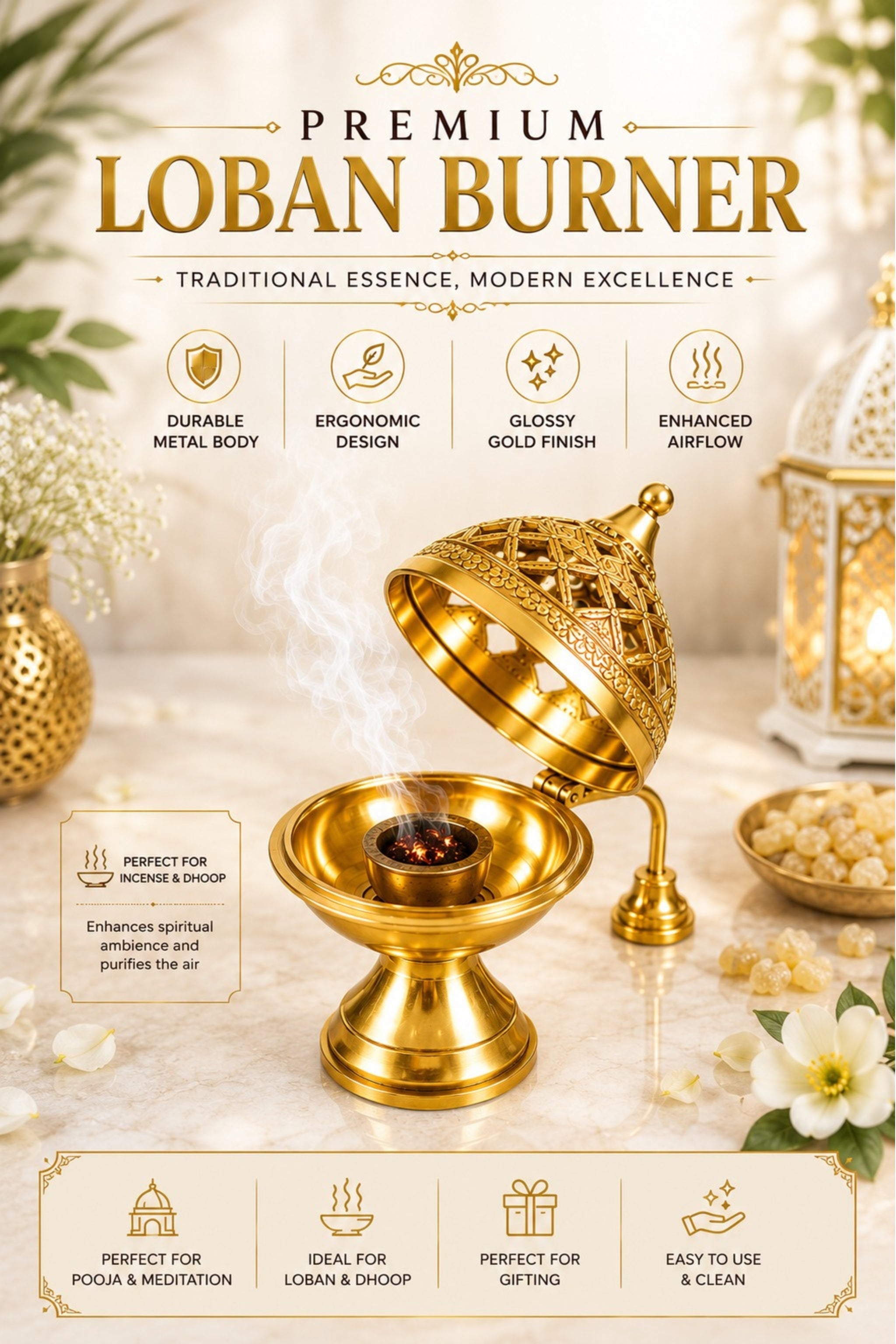 Premium Brass Loban Burner with Handle | Handcrafted Brass Dhoop Dani for Loban, Sambrani Cups, Bakhoor, Resin Incense & Dhoop | Hinged Lid Pooja Incense Burner for Home Temple, Meditation & Gifting
