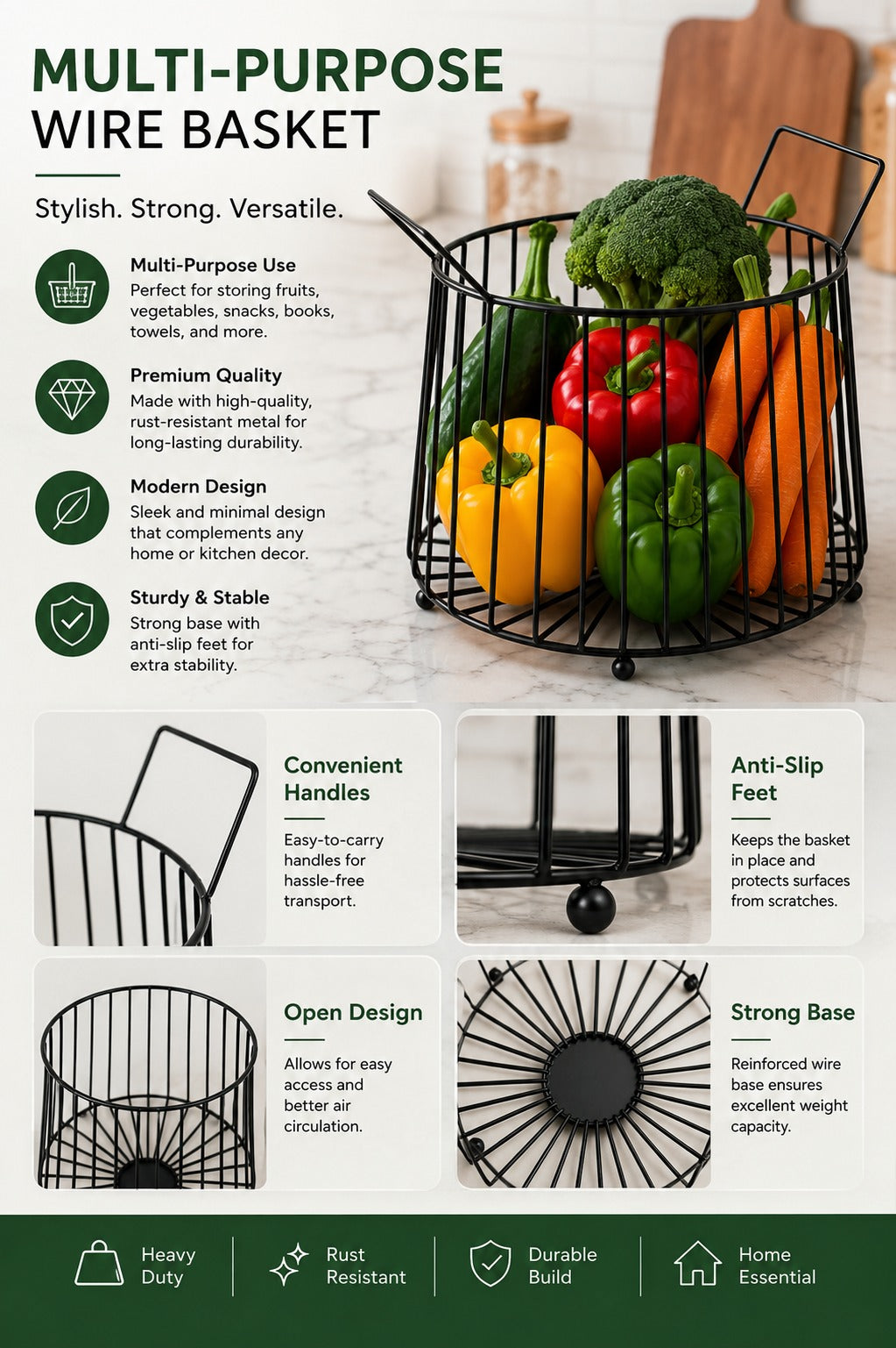 Modern Metal Fruit Basket | Round Wire Storage Basket with Handles | Decorative Kitchen & Dining Table Organizer