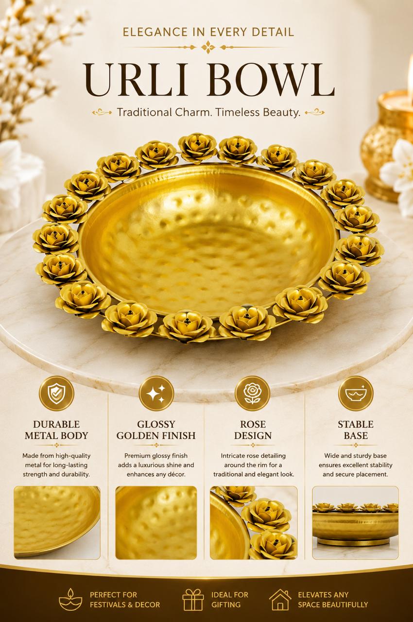 Premium Metal Urli Bowl with Rose Diya Holders | Decorative Floating Flower Urli for Water, Candles & Tea Lights | Traditional Pooja Urli for Diwali, Home Décor, Wedding & Festive Decoration