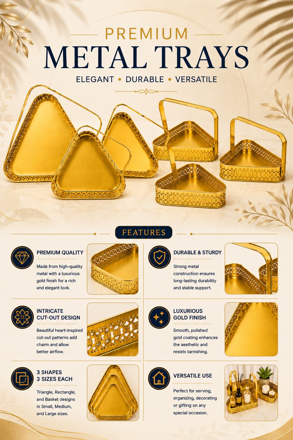 Premium Triangle Metal Basket Set of 3 (Small, Medium & Large) | Gold Metal Gift Hamper Baskets with Handle | Decorative Serving & Organizer Basket Set | Fruit, Dry Fruit & Storage Tray