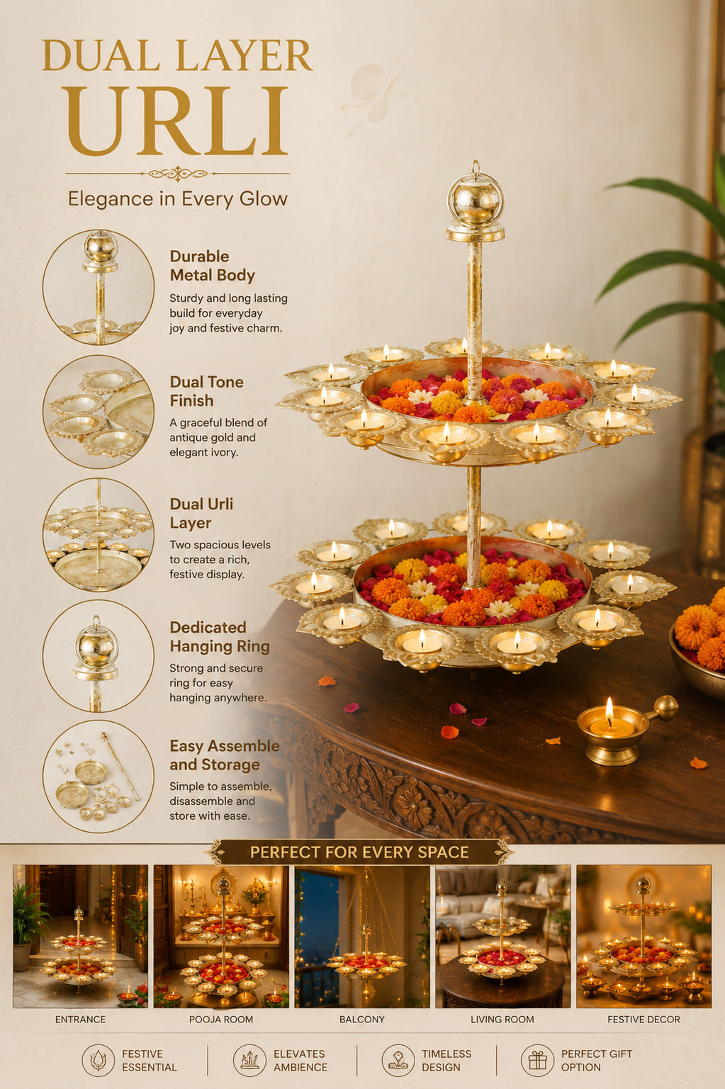 Premium Dual Layer Urli Bowl with 24 Tea Light Holders | Decorative Metal Floating Flower Stand | Antique Gold & Ivory Finish for Diwali, Pooja, Weddings, Festivals & Home Décor