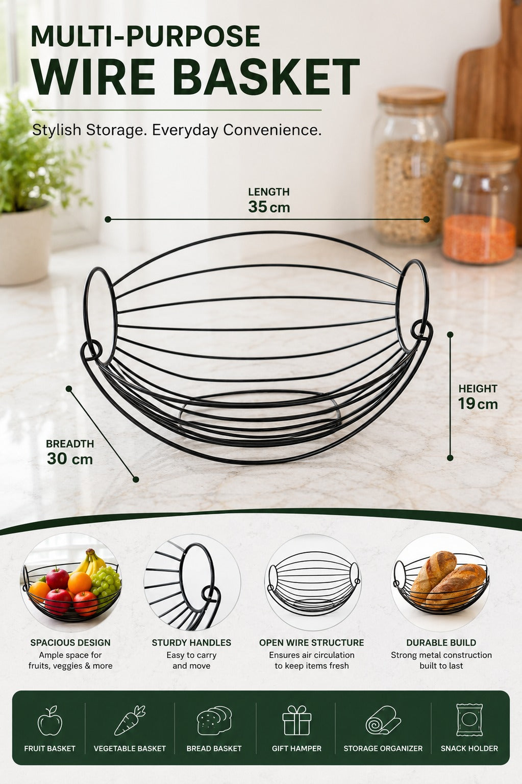 Modern Metal Fruit & Vegetable Basket | Large Round Wire Storage Basket with Handle | Kitchen & Dining Organizer