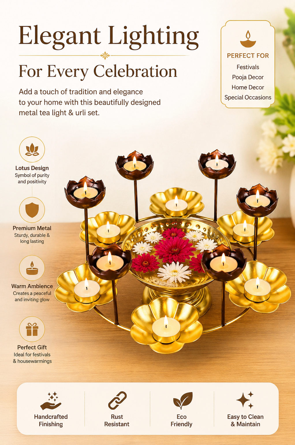 Premium Lotus Urli Bowl with Elevated Tea Light Holders | Decorative Hammered Metal Floating Flower Bowl | Gold Finish Candle Centerpiece for Diwali, Pooja, Weddings, Festivals & Home Décor