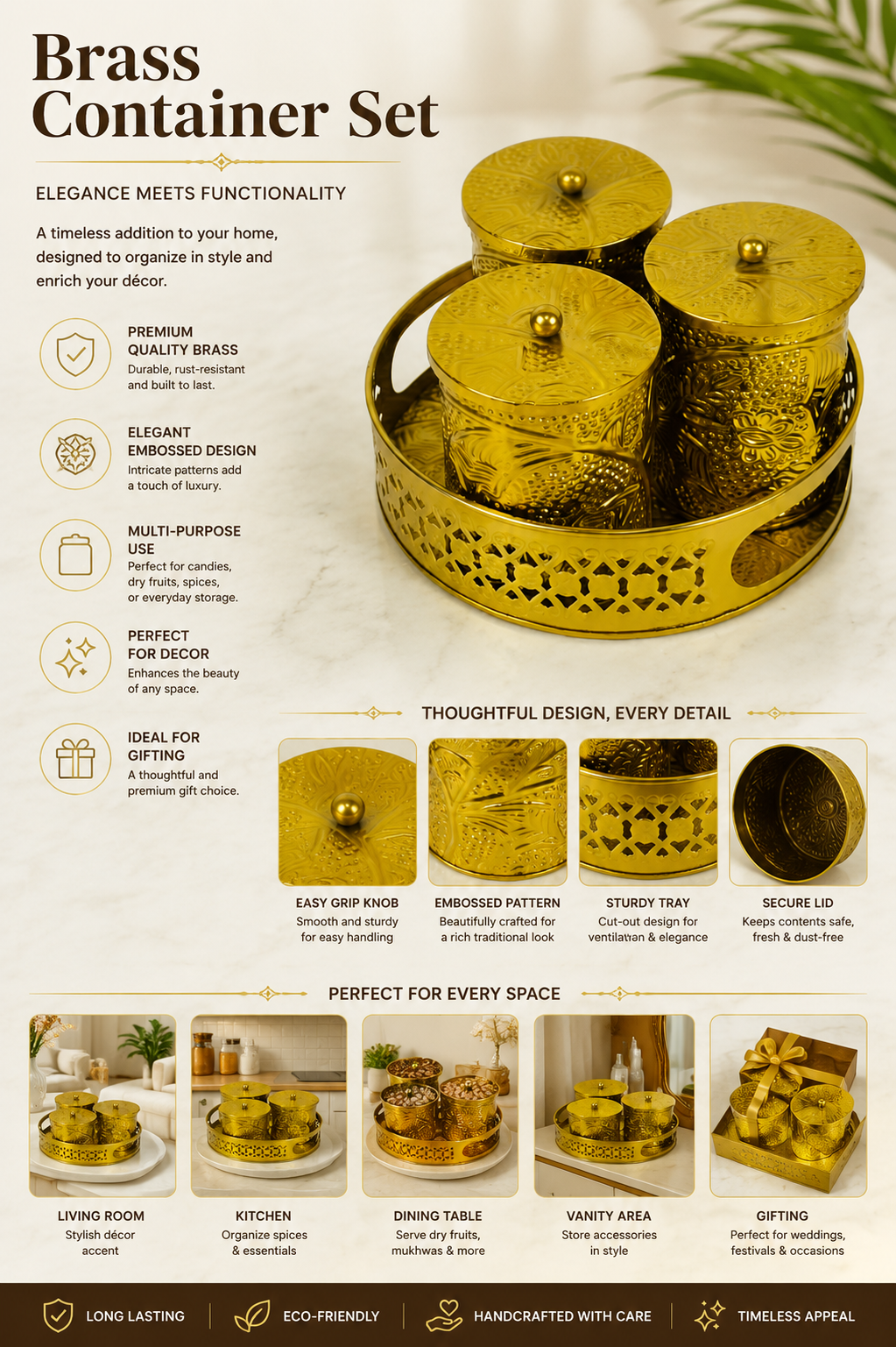 Premium Brass Dry Fruit Container Set with Tray | 3 Storage Jars with Lids | Decorative Brass Serveware | Dry Fruit, Mukhwas, Candy & Spice Organizer | Gift Set