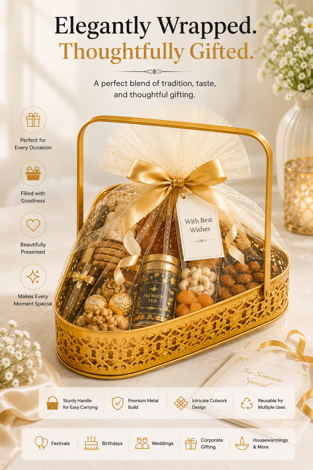 Premium Triangle Metal Basket with Handle (Medium) | Decorative Gold Serving Basket | Gift Hamper Basket | Dry Fruit, Snacks & Organizer Tray | Metal Storage Basket for Home Décor