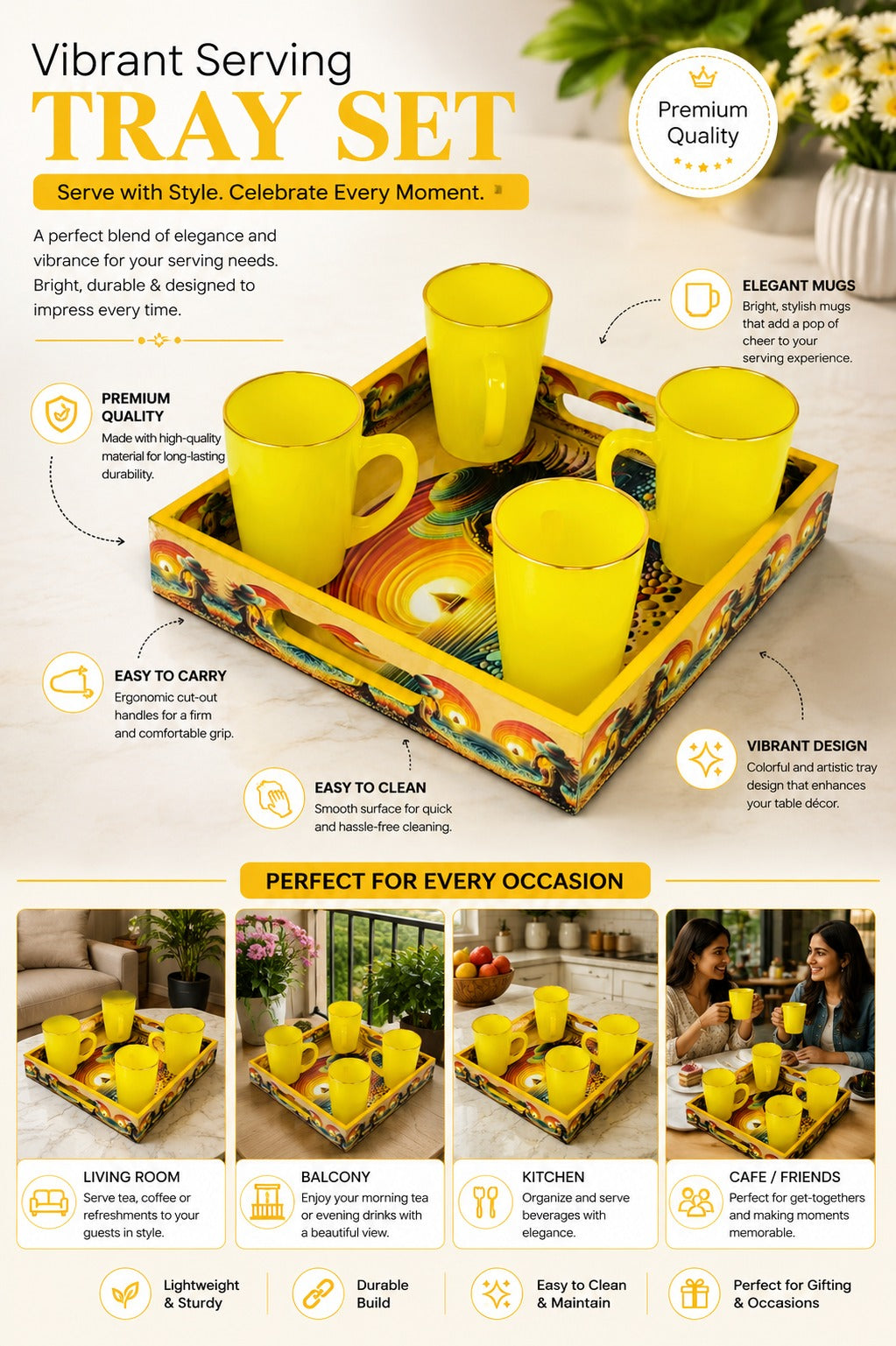 Set of 4 Yellow Glass Coffee Mugs with Designer Serving Tray | Premium Tea Coffee Cup Set | Decorative Serving Set for Home Kitchen & Gifting