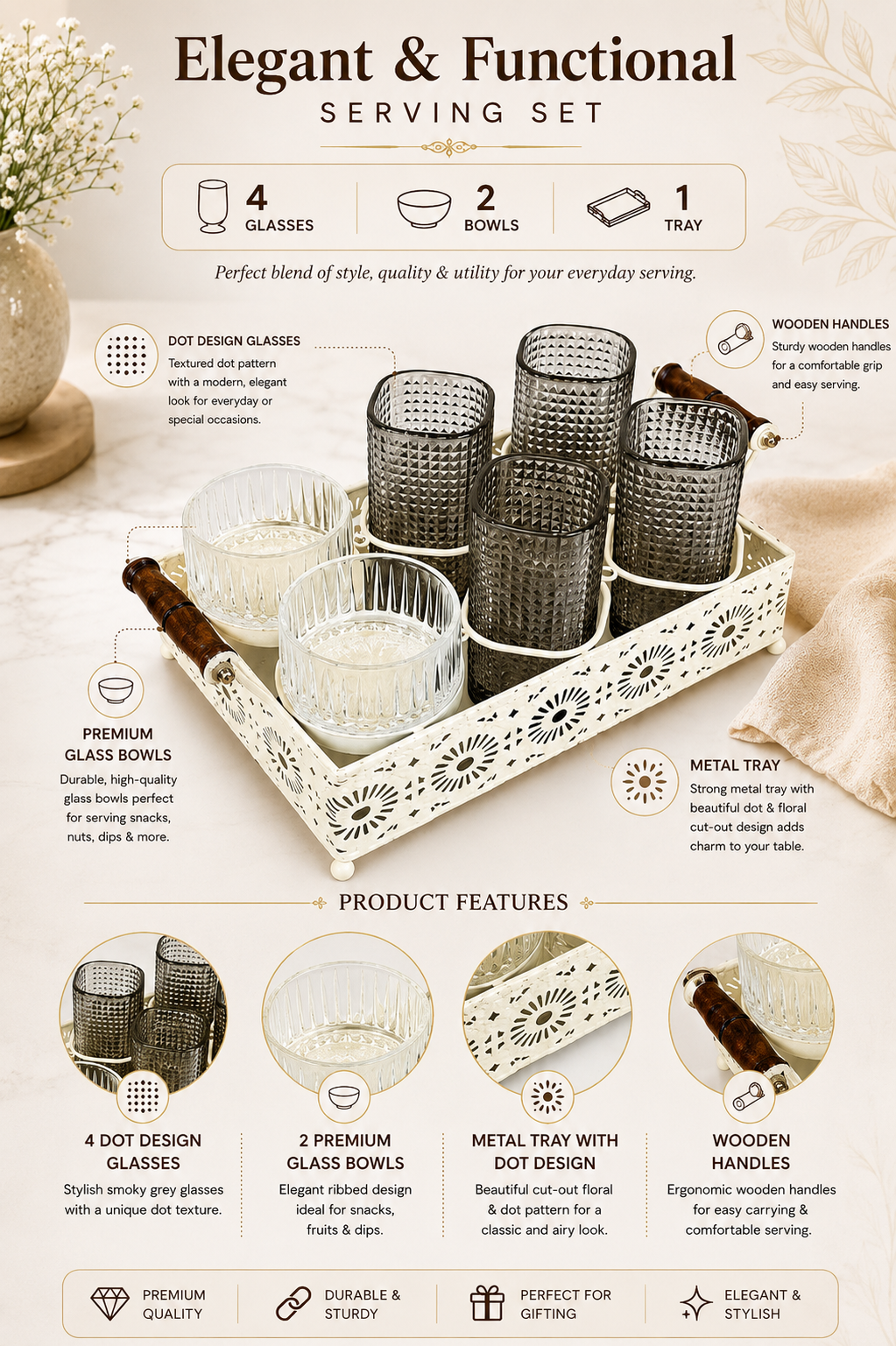 Premium Smoke Grey Glass Serving Set with Metal Tray | 4 Textured Drinking Glasses, 2 Glass Bowls & Decorative Metal Serving Tray with Wooden Handles | Elegant Snack & Beverage Set for Home