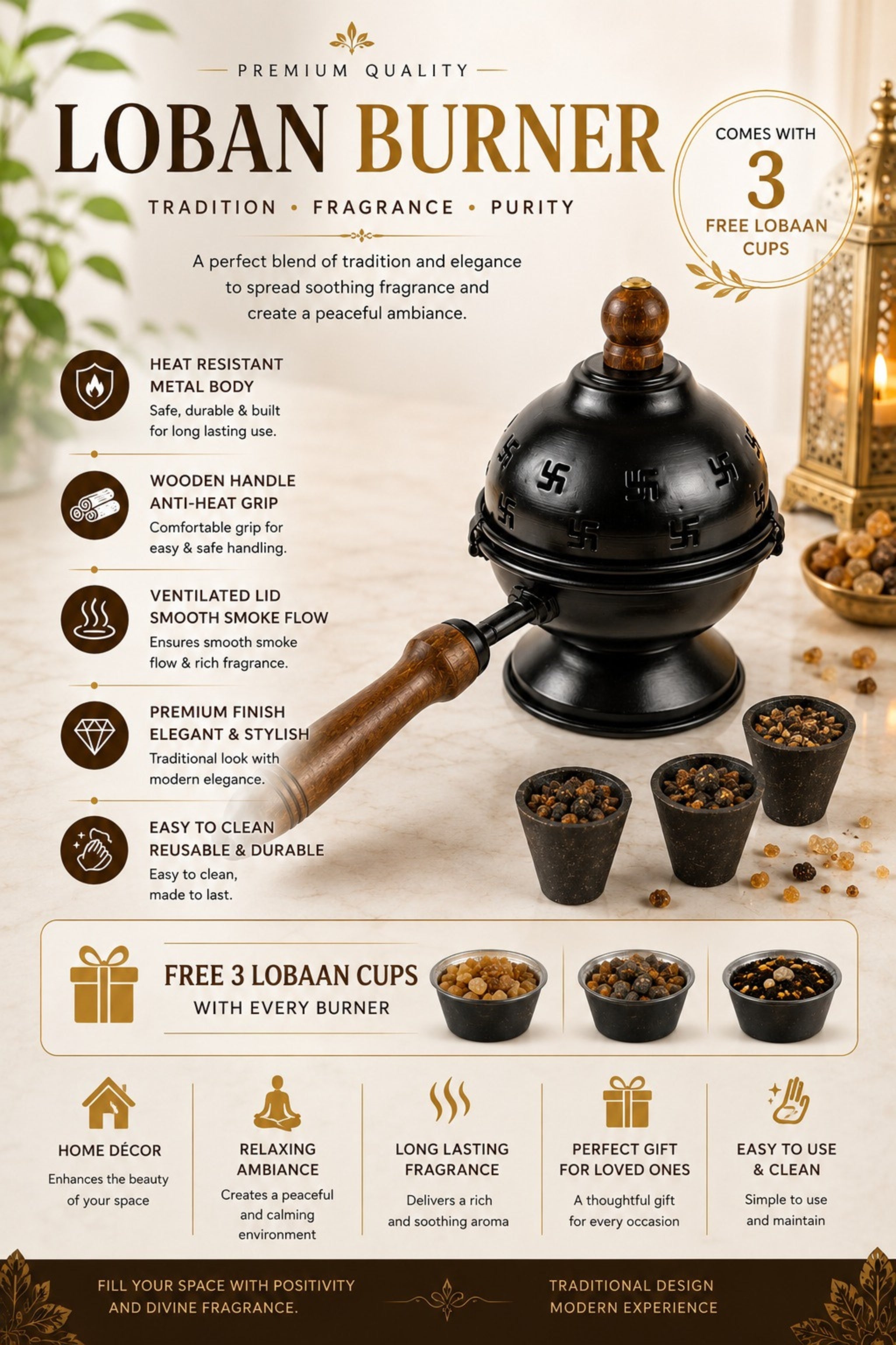 Premium Metal Loban Burner with Wooden Handle & 3 Free Loban Cups | Heat Resistant Incense Burner for Loban, Dhoop, Sambrani Cups, Bakhoor & Camphor | Home Temple, Meditation & Pooja Decor