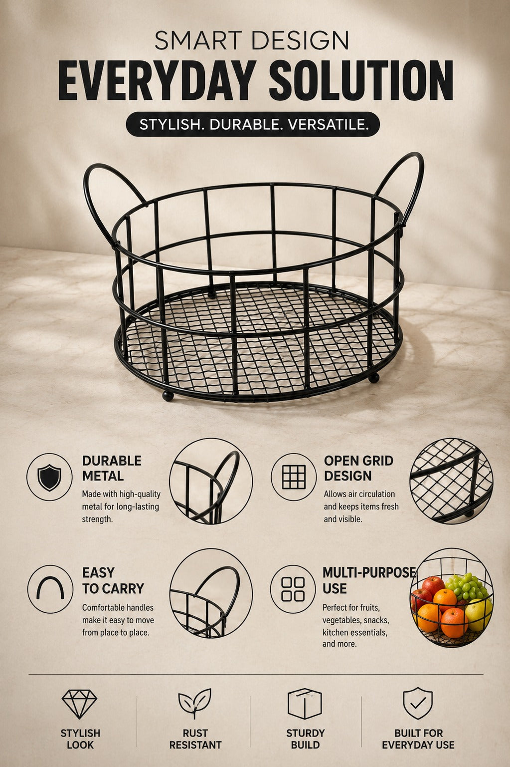 Premium Round Metal Fruit Basket with Handles | Multipurpose Wire Storage Basket for Fruits, Vegetables, Snacks & Kitchen Organizer | Decorative Countertop Basket for Home, Dining & Office