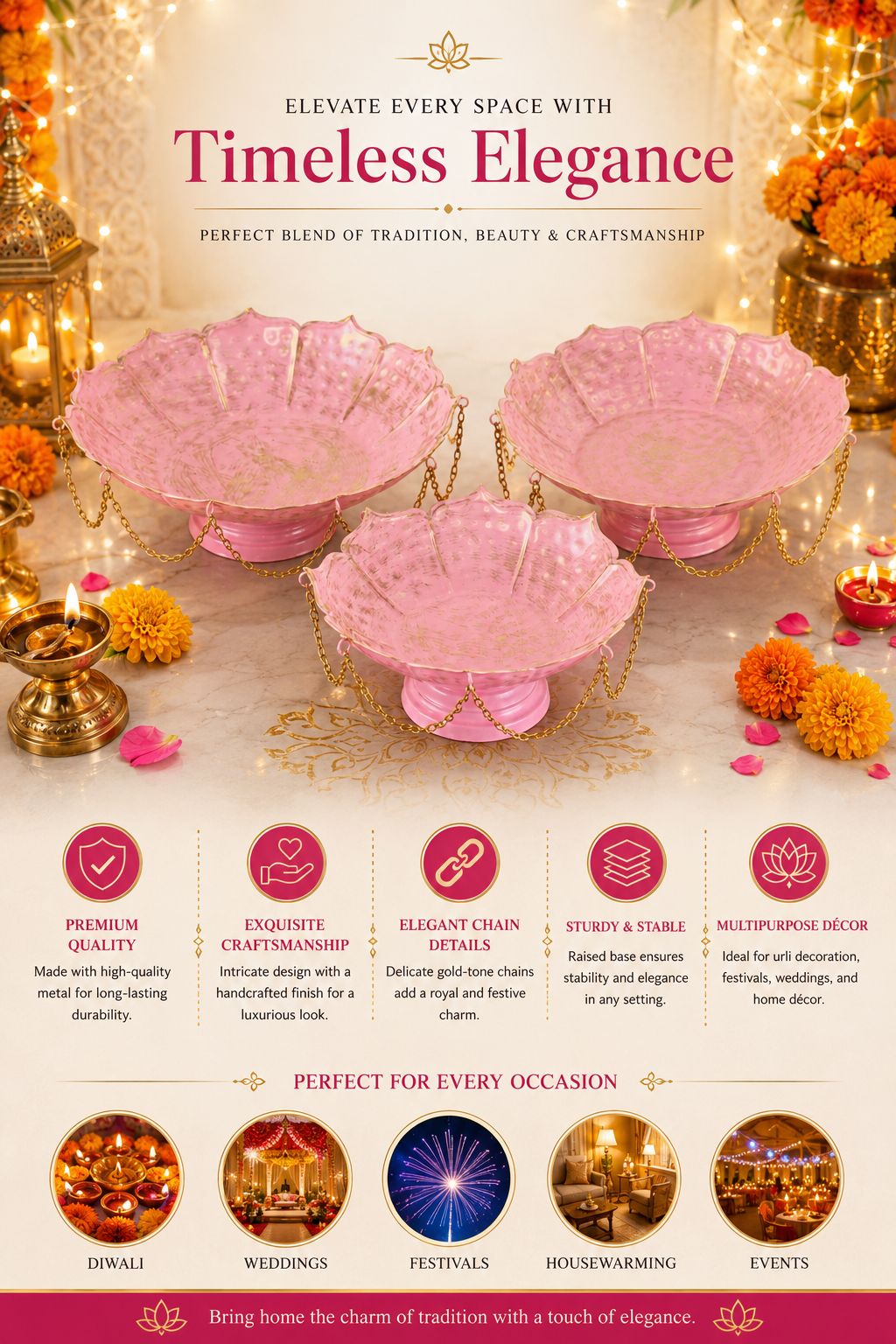 Premium Pink Lotus Urli Bowl Set of 3 with Decorative Chain | Handcrafted Metal Floating Flower Bowls for Water, Candles & Tea Lights | Decorative Urli for Diwali, Wedding, Pooja & Home Décor