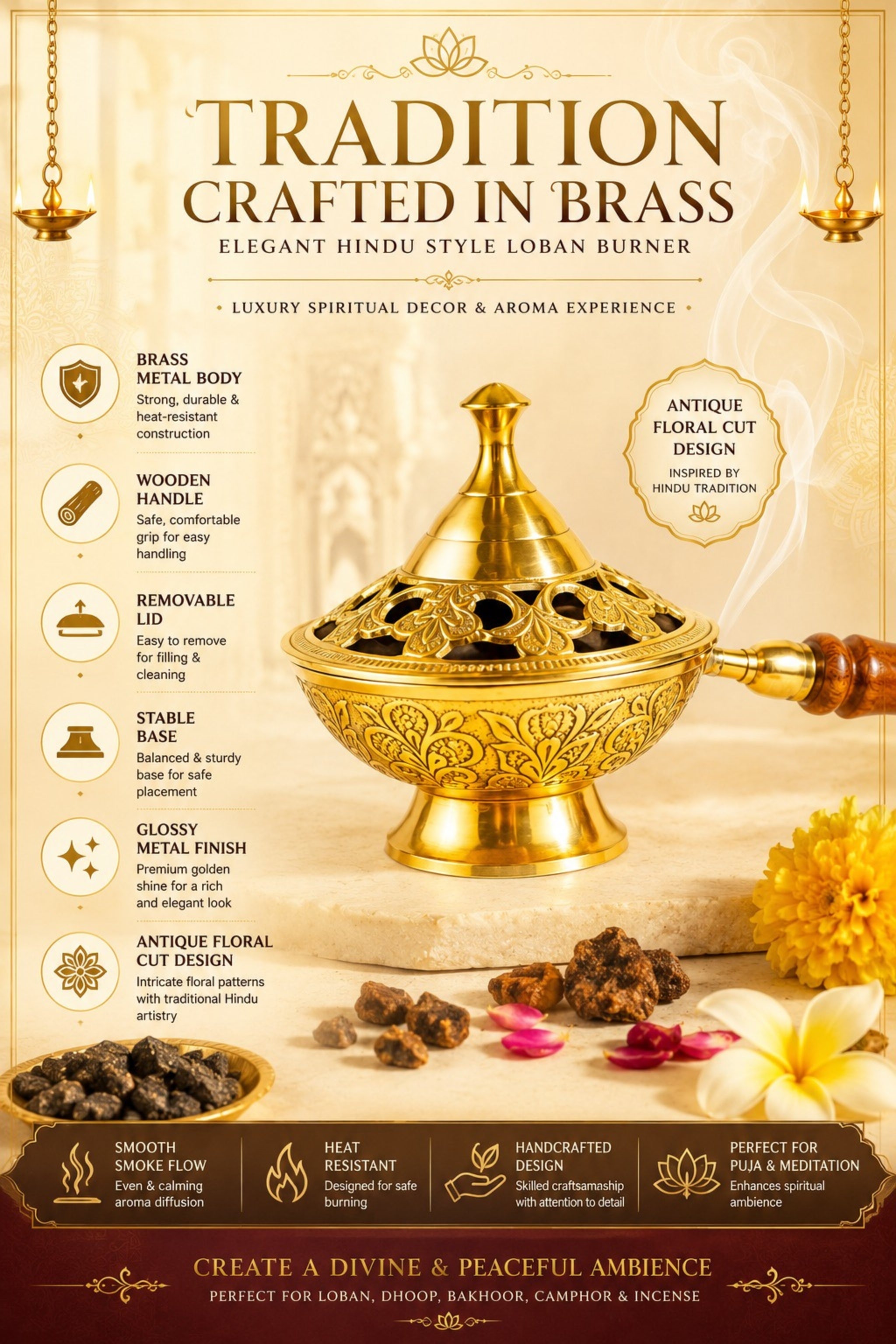 Premium Brass Loban Burner with Wooden Handle | Handcrafted Brass Dhoop Dani for Loban, Sambrani Cups, Bakhoor, Camphor & Resin Incense | Antique Floral Brass Incense Burner for Home Temple, Meditation & Gifting