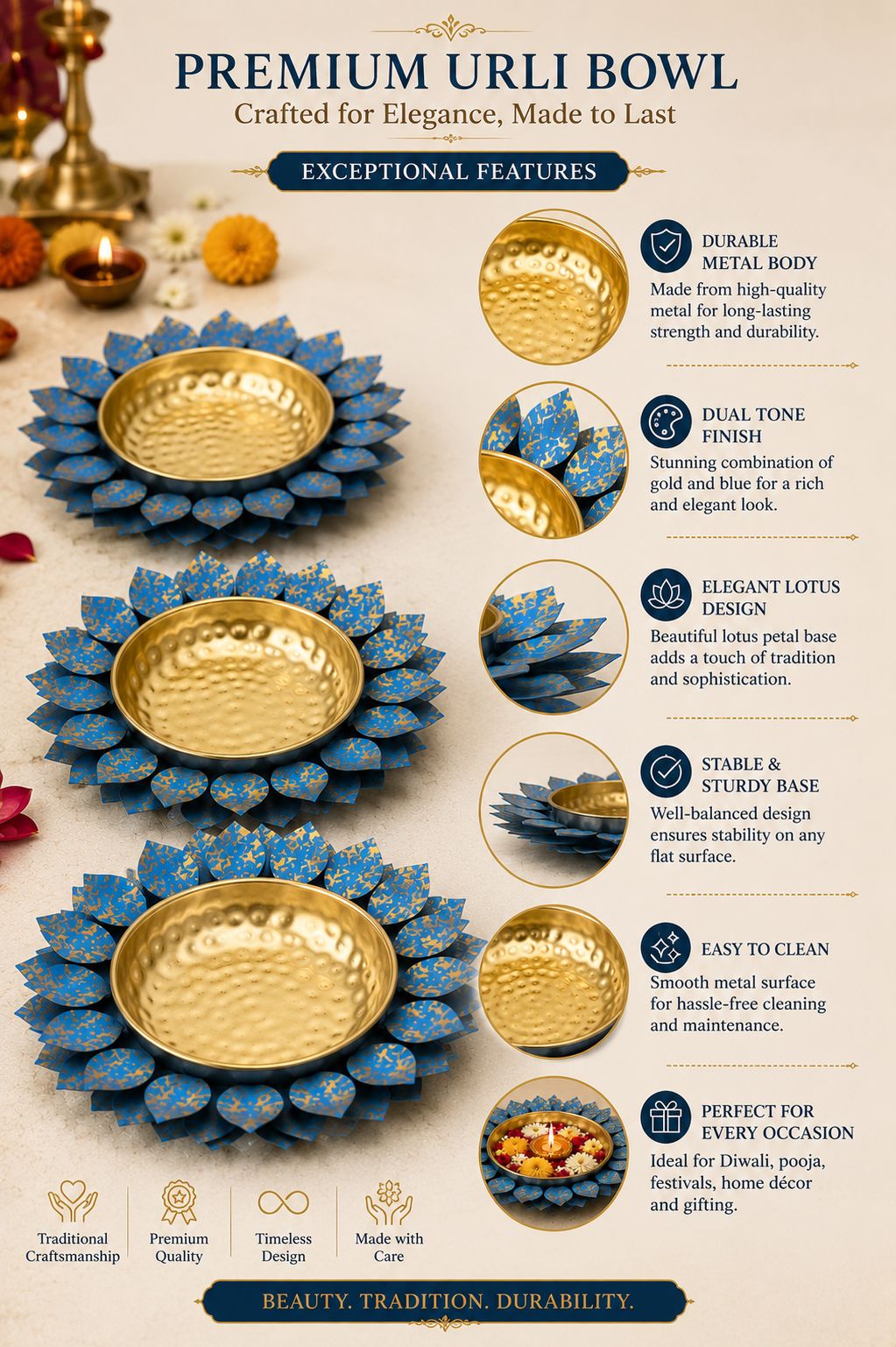 Decorative Lotus Metal Urli Bowl Set for Floating Flowers & Candles | Designer Festival & Entrance Decor (Set of 3, Blue & Gold)
